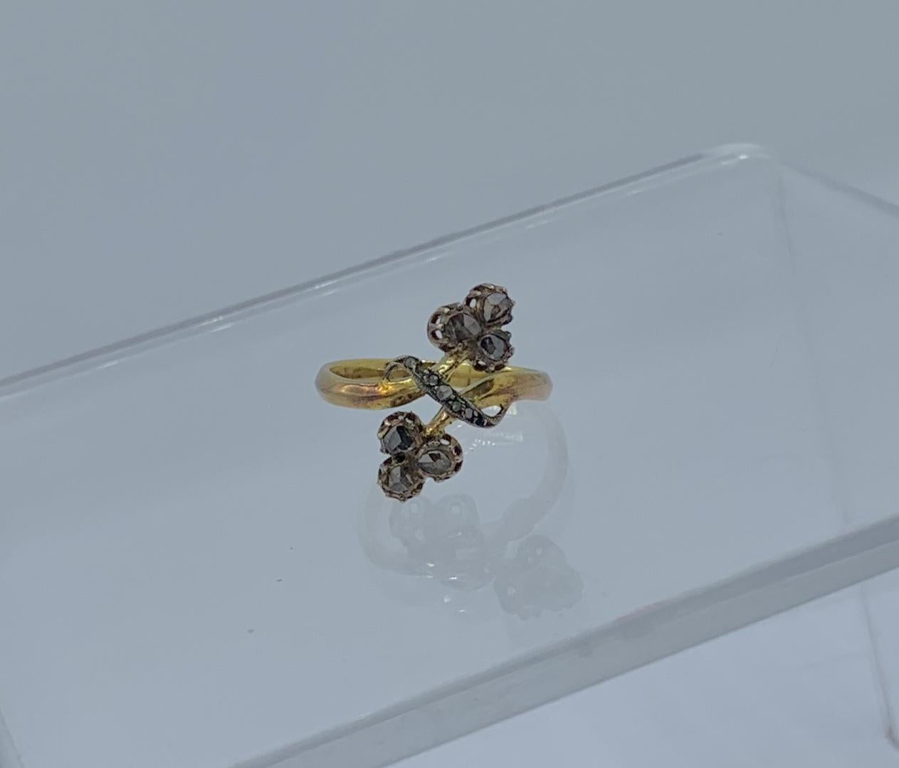 Russian Art Nouveau Rose Cut Diamond Ring Flower Clover 14 Karat Gold For Sale 4