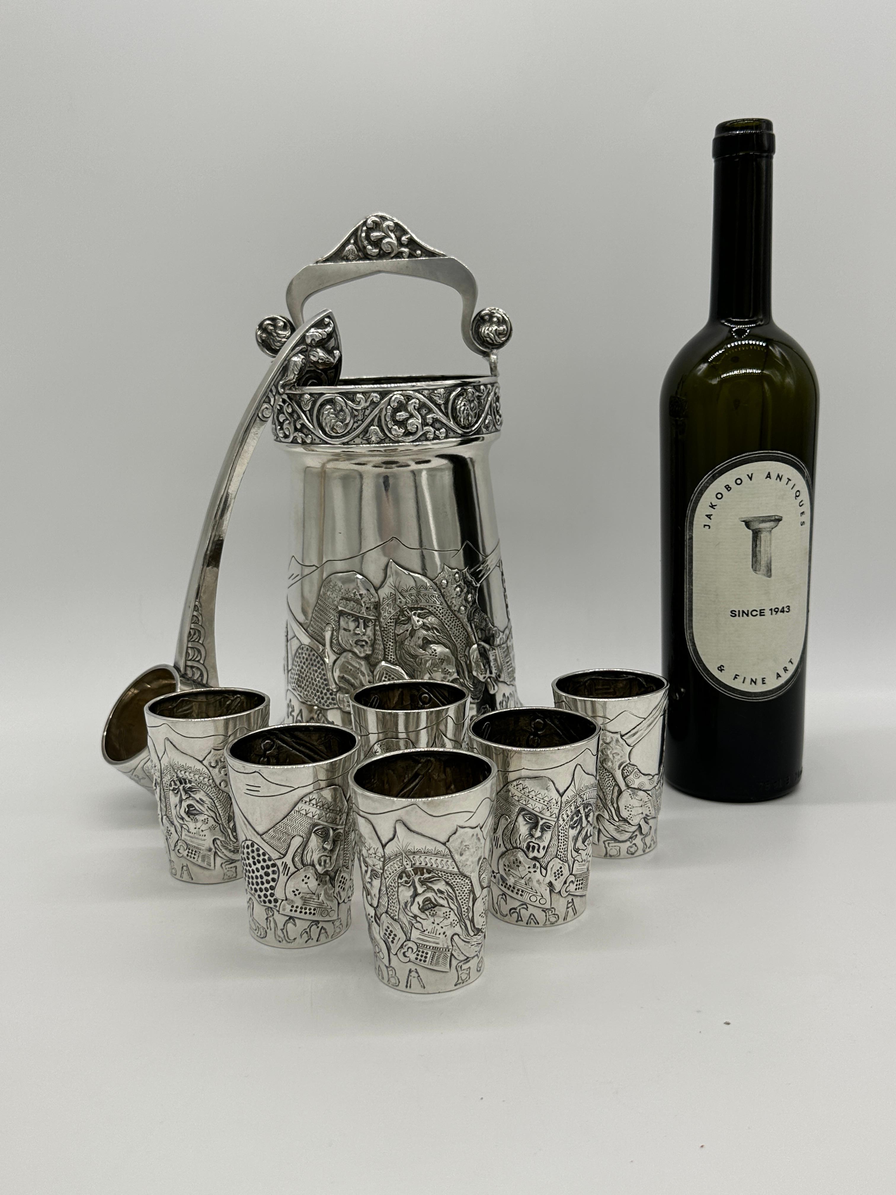Cast Russian Art Nouveau silver punch set, with The Three Bogatyrs, best quality For Sale