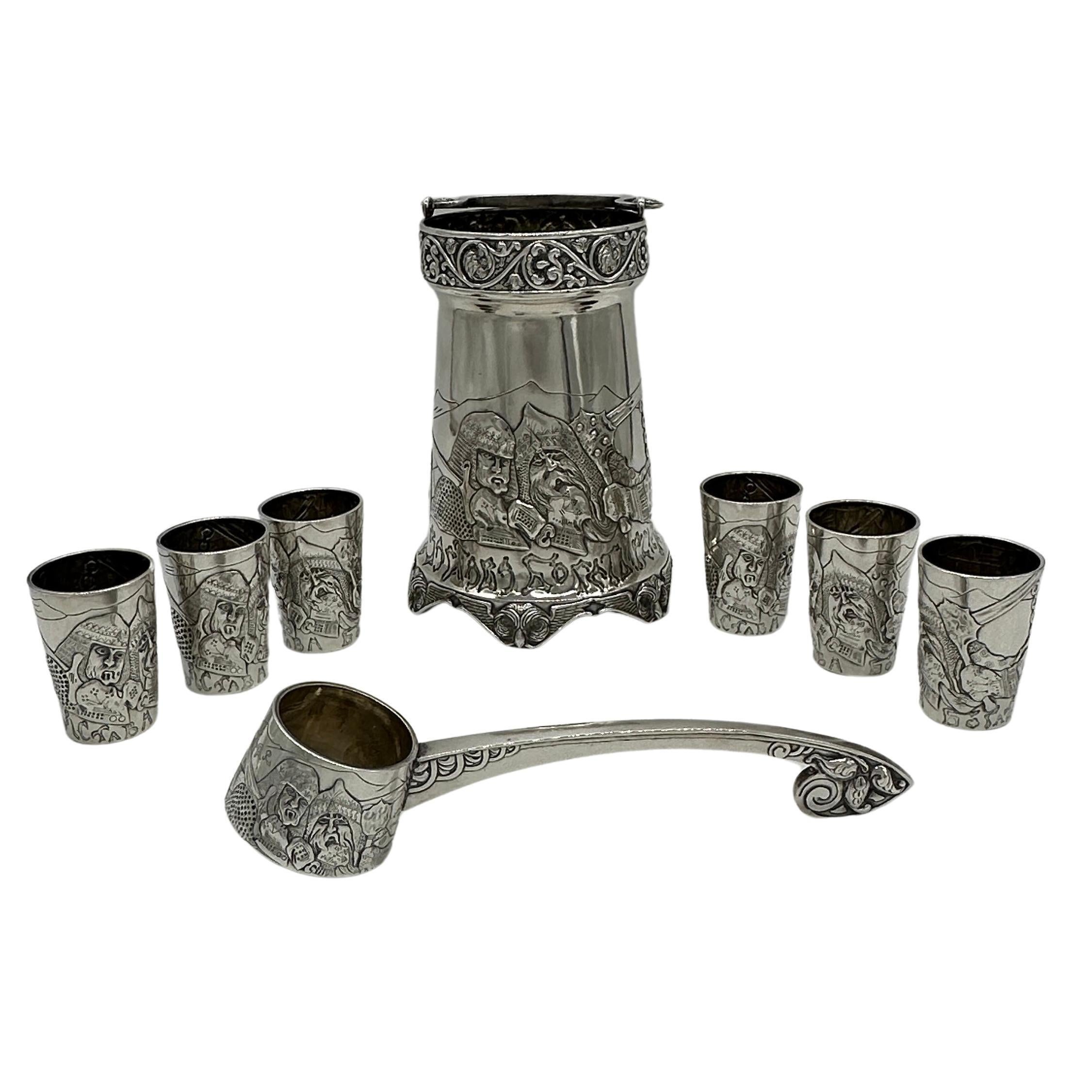 Russian Art Nouveau silver punch set, with The Three Bogatyrs, best quality For Sale