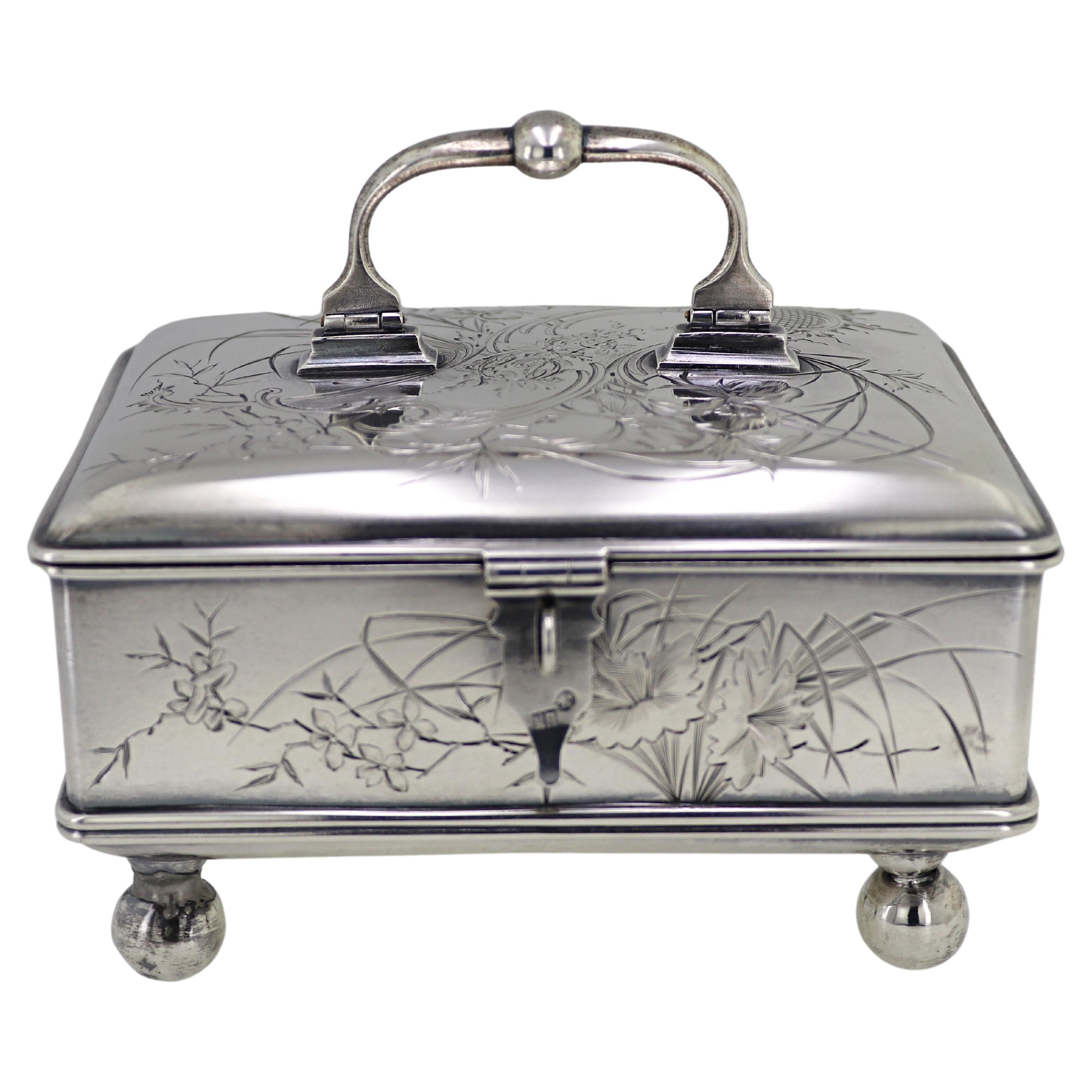 Russian Art Nouveau Sterling Silver Lidded, Footed Locking Box For Sale