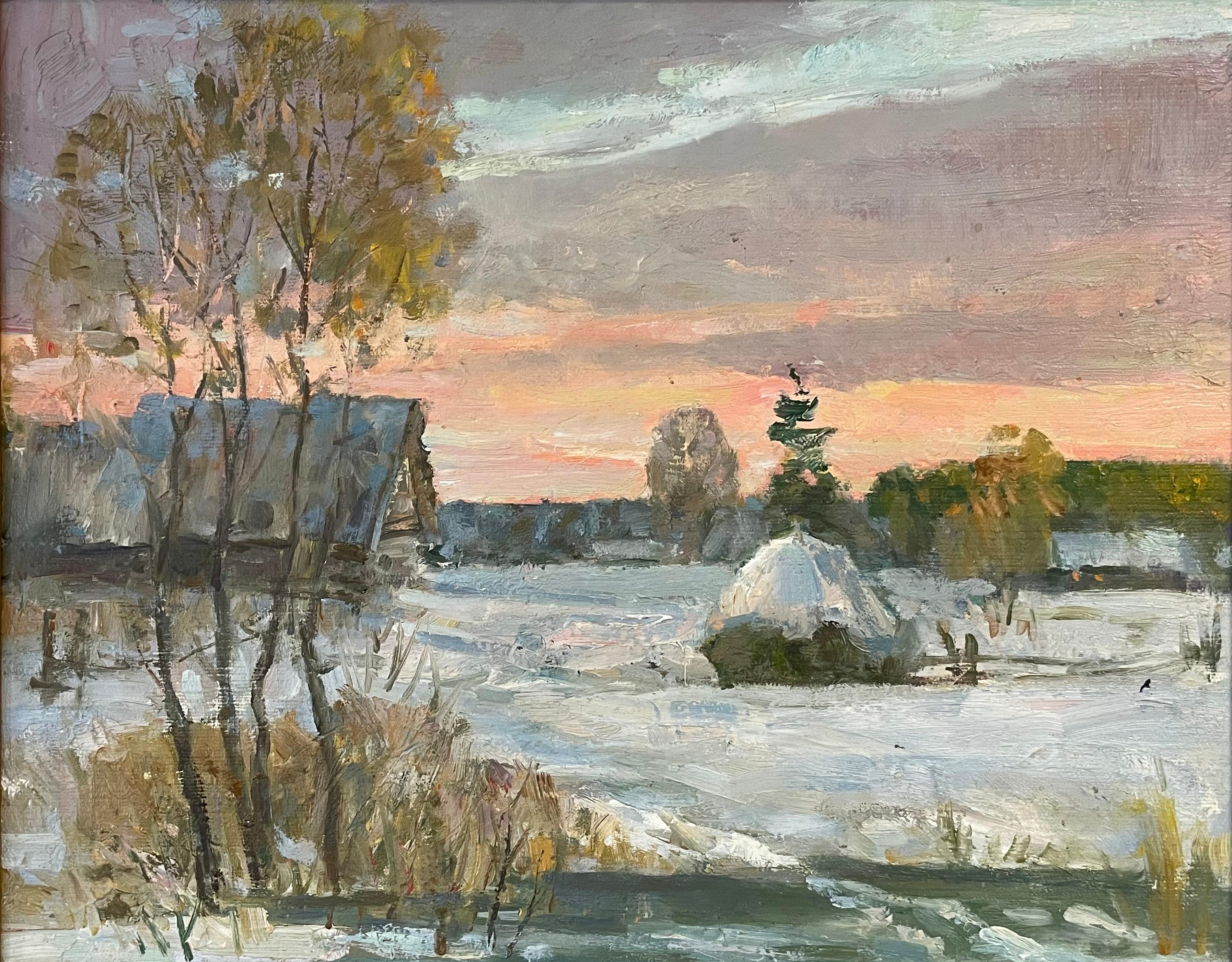 Russian artist Landscape Painting - Signed Russian Impressionist Oil Painting Haystacks in Winter Landscape at Dusk