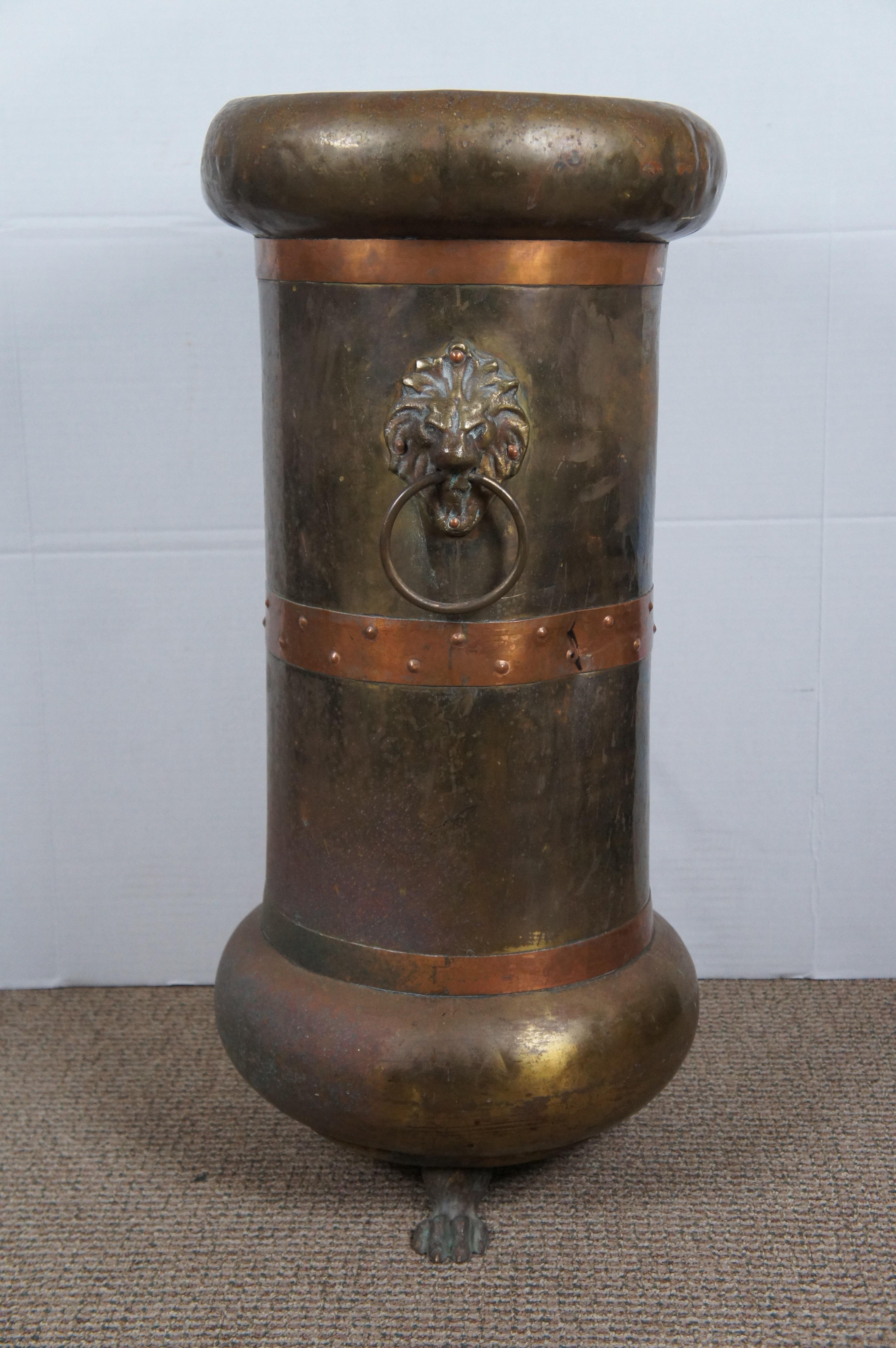 Russische Arts & Crafts Messing Copper Lion Head Claw Foot Umbrella Cane Stand 27