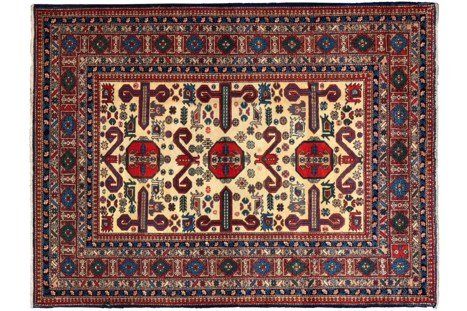 Tribal Russian Azerbaijan Small Rug Circa 1910 - Wool Blue Ivory Red For Sale