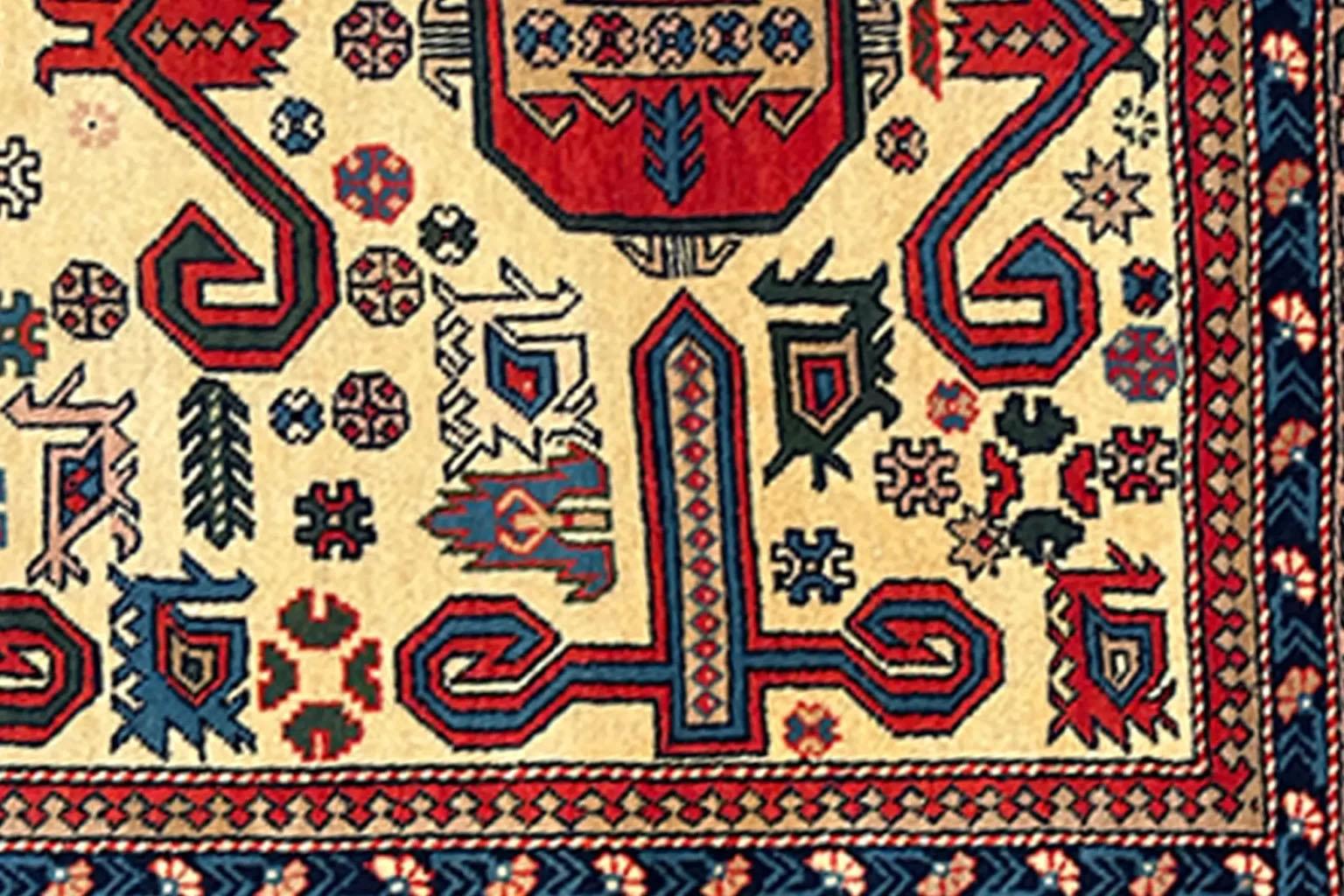 Russian Azerbaijan Small Rug Circa 1910 - Wool Blue Ivory Red For Sale 1