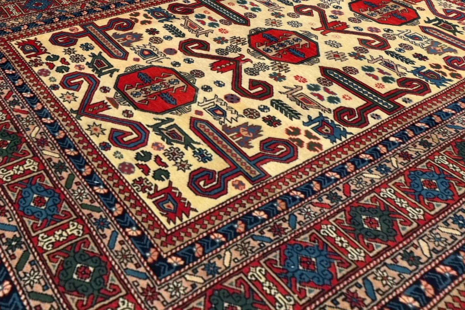 Russian Azerbaijan Small Rug Circa 1910 - Wool Blue Ivory Red For Sale 2