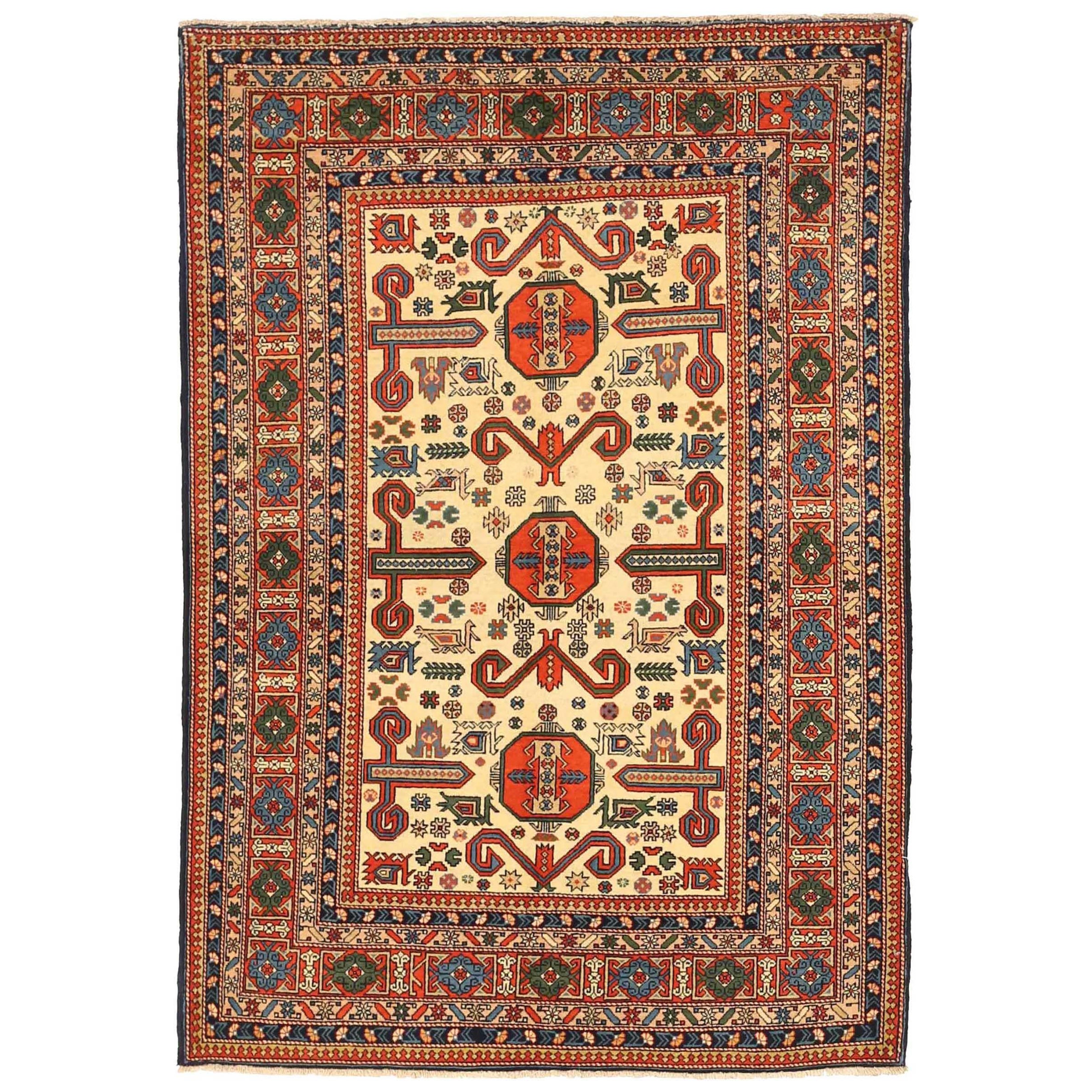Russischer Aserbaidschanischer kleiner Teppich um 1910 - Wolle Blau Elfenbein Rot 72741