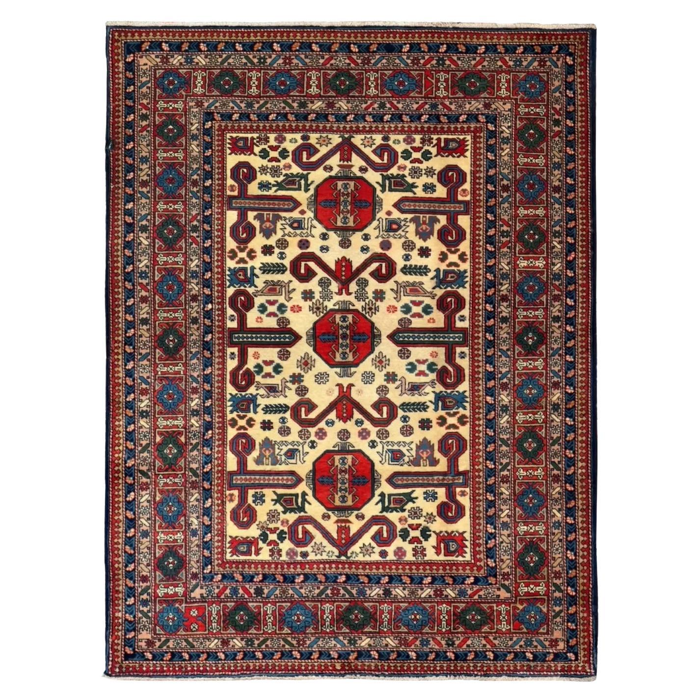 Russian Azerbaijan Small Rug Circa 1910 - Wool Blue Ivory Red For Sale