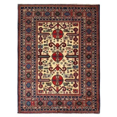Russian Azerbaijan Small Rug Circa 1910 - Wool Blue Ivory Red