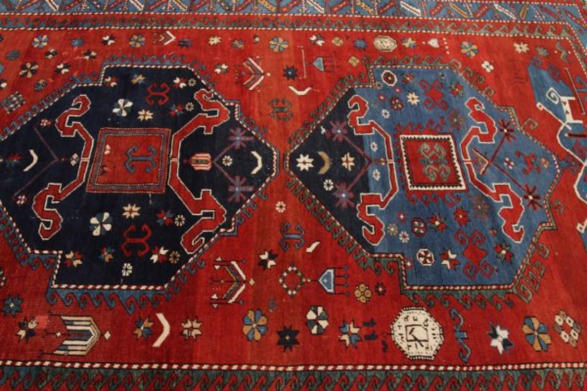 Russischer Aserbaidschanischer kleiner Teppich - Wolle Blau Marineblau Rot Design - 92352 im Zustand „Hervorragend“ im Angebot in Dallas, TX