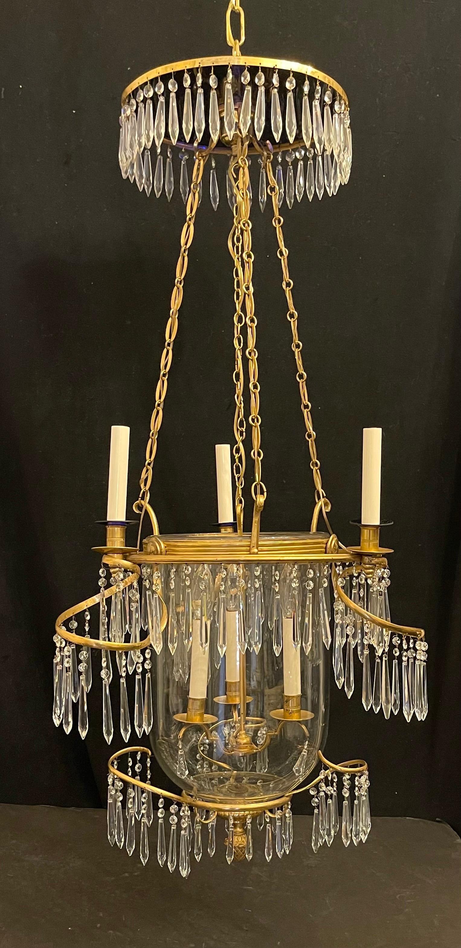 A Wonderful Russian Baltic Cobalt Blue Glass And Crystal Ormolu With Bronze Cage This Beautiful Neoclassical  Lantern Chandelier Fixture With 3 Candelabra Internal Lights And 3 External Candelabra Lights.
Completely Rewired For US And Accompanied By