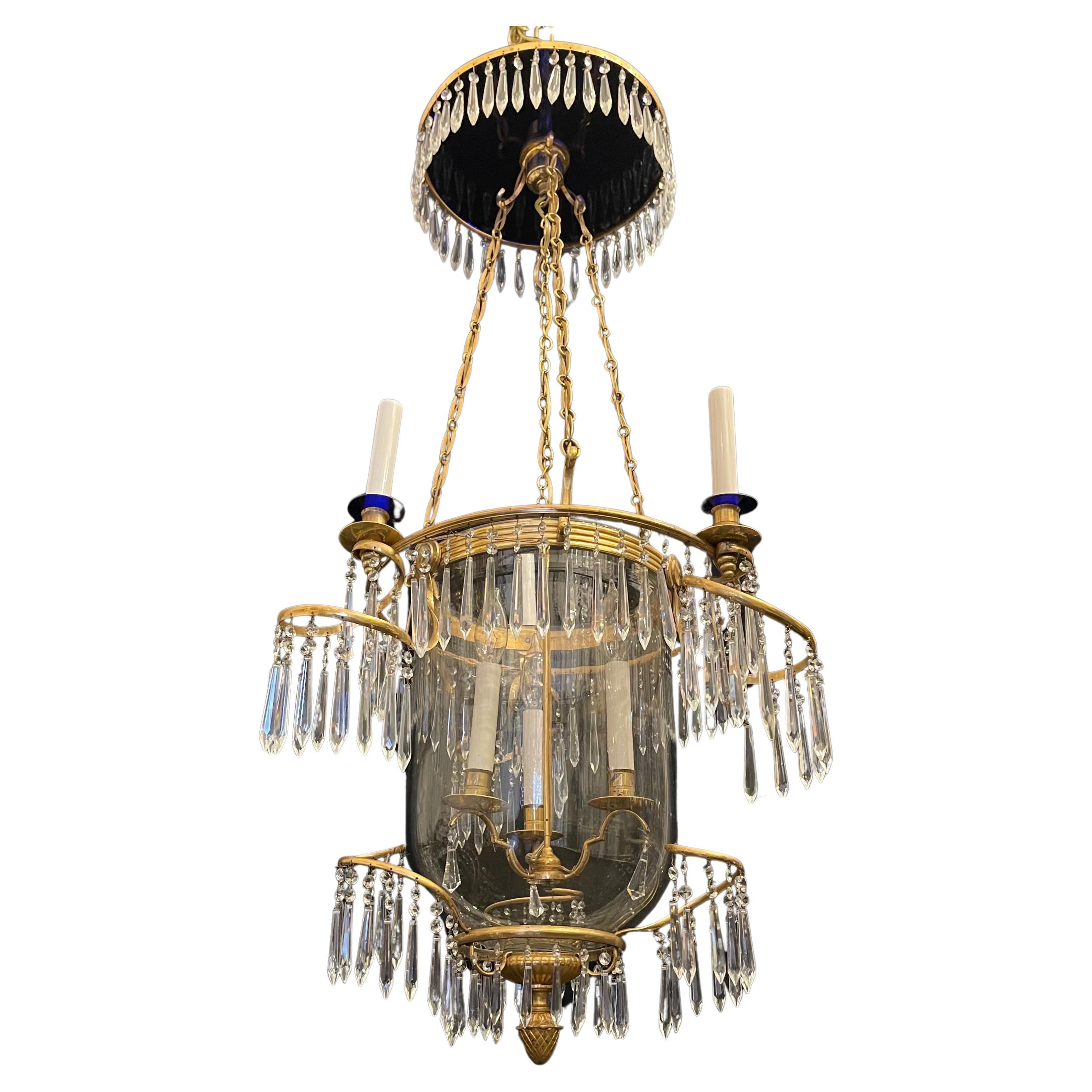 Russian Baltic Cobalt Blue Crystal Ormolu Bronze Neoclassical Lantern Chandelier