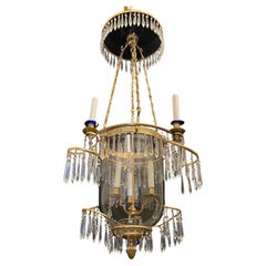 Antique Russian Baltic Cobalt Blue Crystal Ormolu Bronze Neoclassical Lantern Chandelier