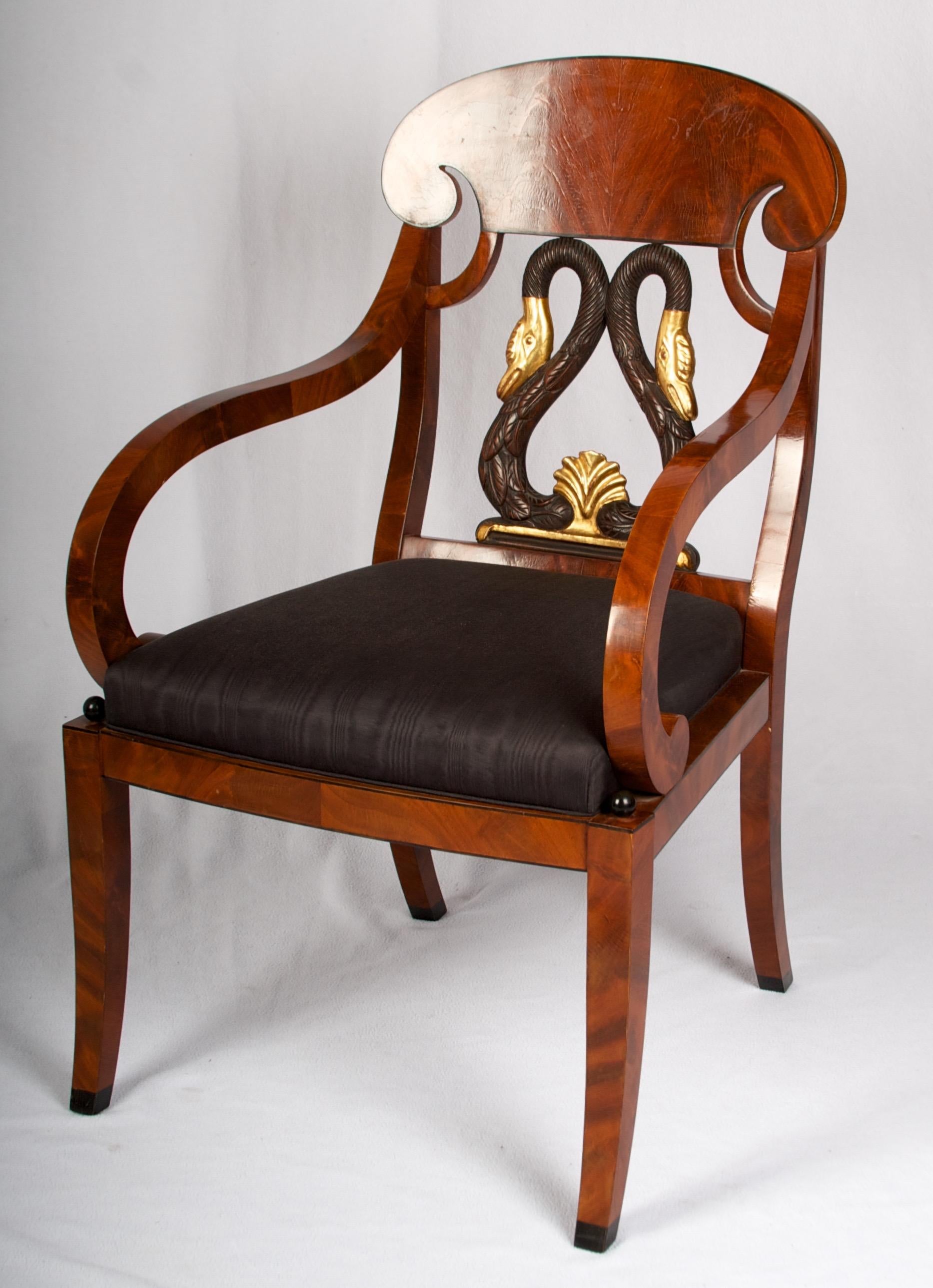 Baltic Russian Biedermeier Style Mahogany Armchair with Gilded Swan Back Detail