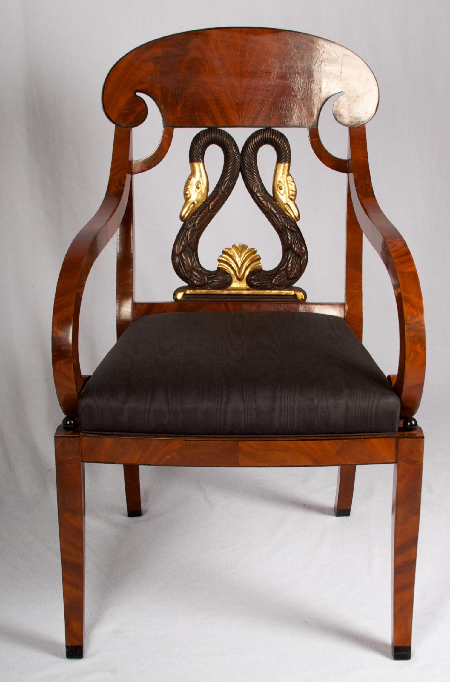 Hand-Carved Russian Biedermeier Style Mahogany Armchair with Gilded Swan Back Detail