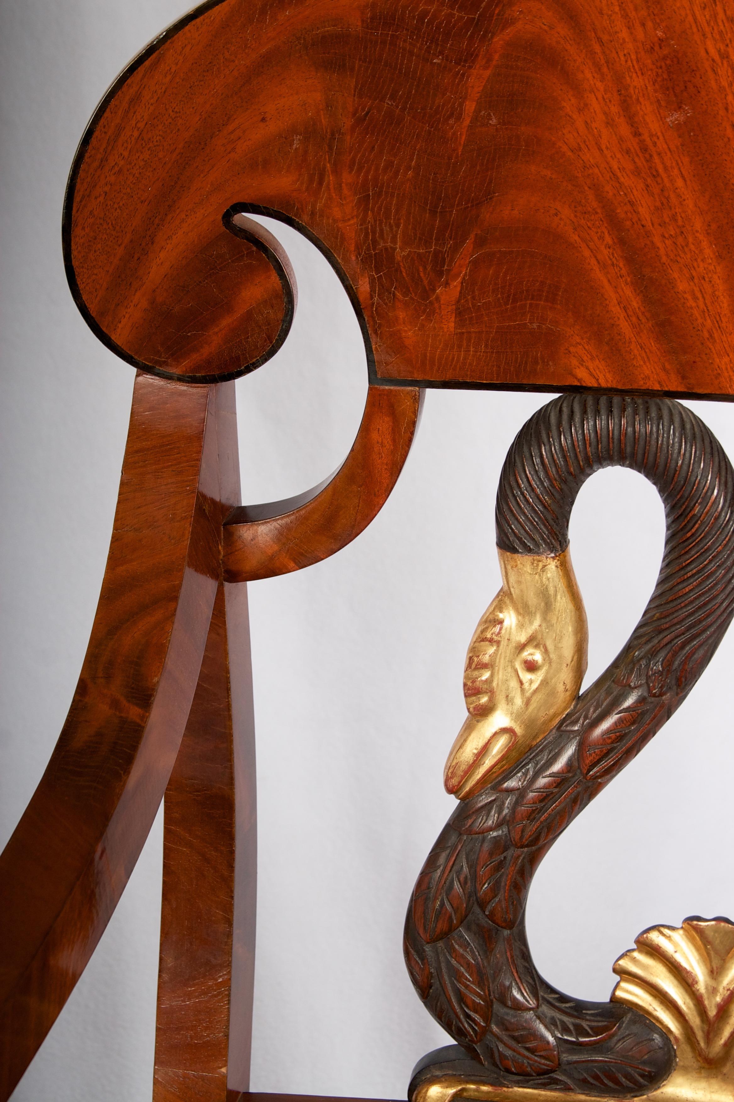 Russian Biedermeier Style Mahogany Armchair with Gilded Swan Back Detail 3