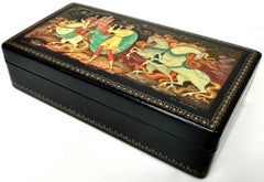 Russian Black Lacquer Children's Themed Hand Painted Jewelry Box. Signed C.1980