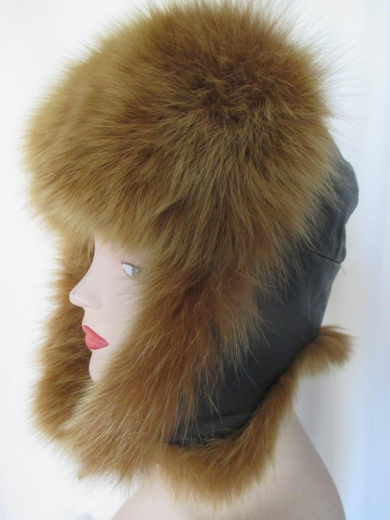 Russian Black Leather Fox Fur Trapper Hat For Sale at 1stDibs