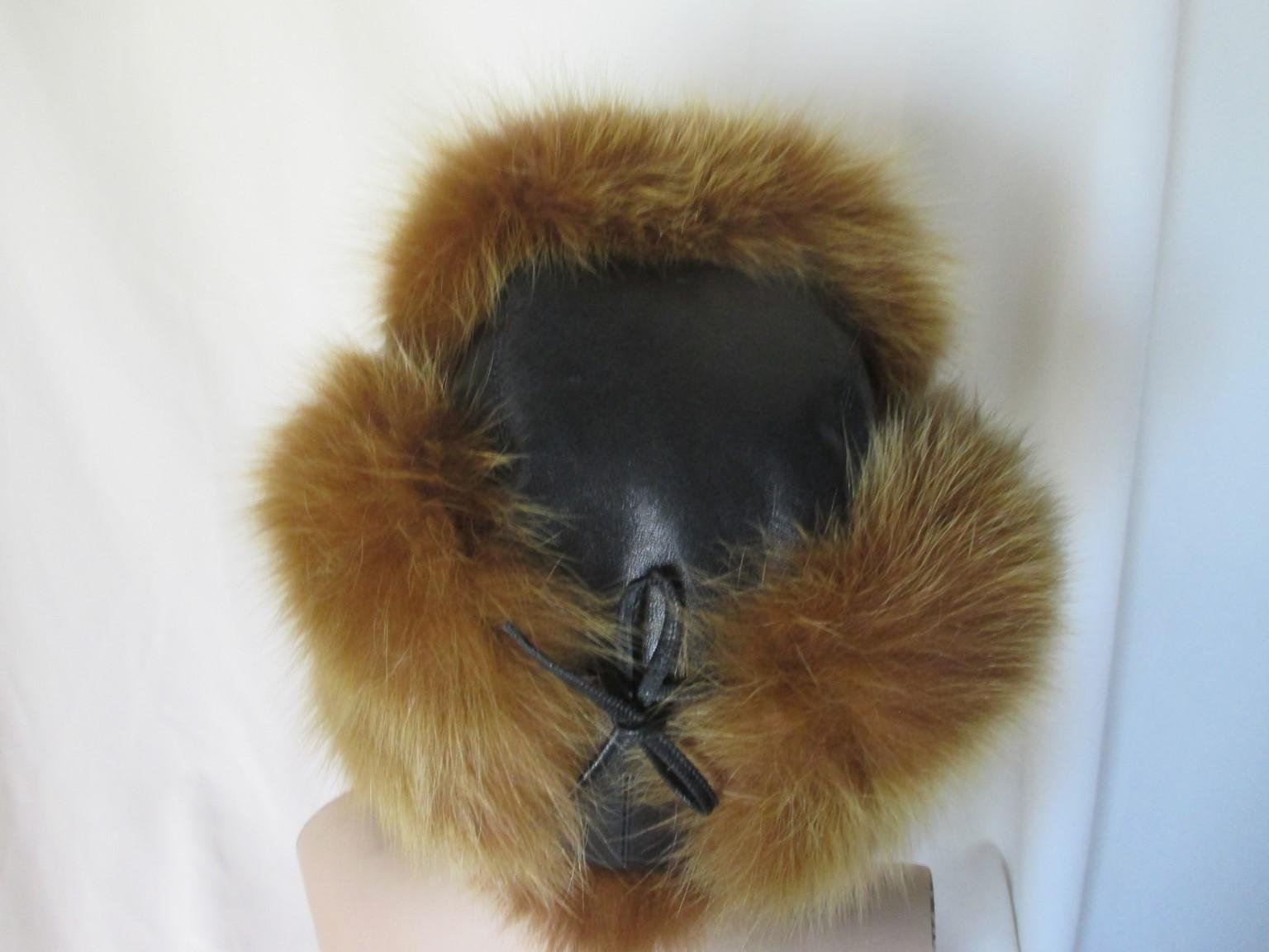 Brown Black Leather Fox Fur Trapper Hat