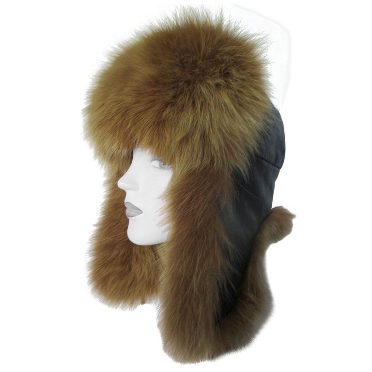 Russian Black Leather Fox Fur Trapper Hat For Sale at 1stDibs