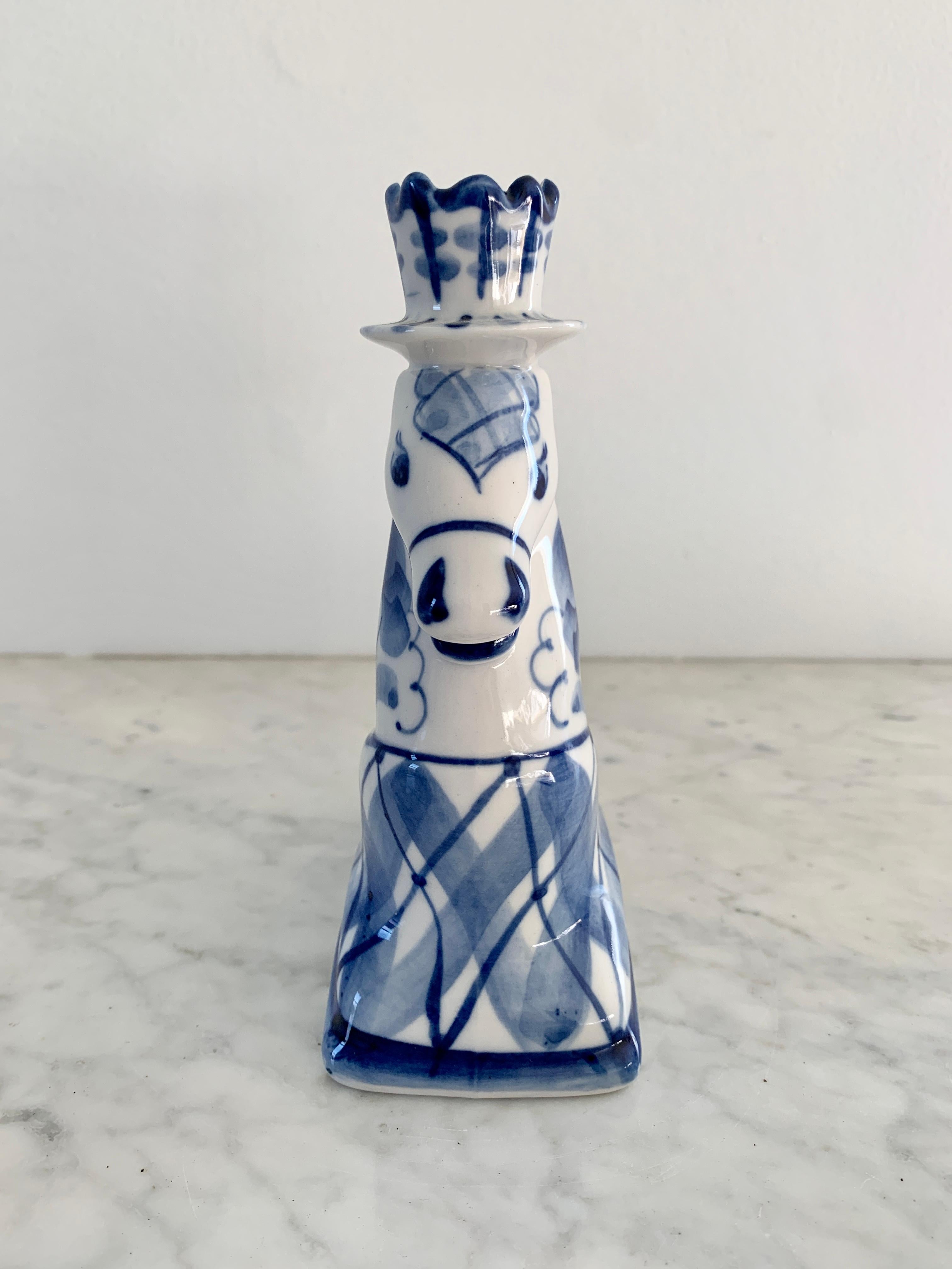 Porte-bougies russe à double cheval en porcelaine bleue et blanche Bon état - En vente à Elkhart, IN