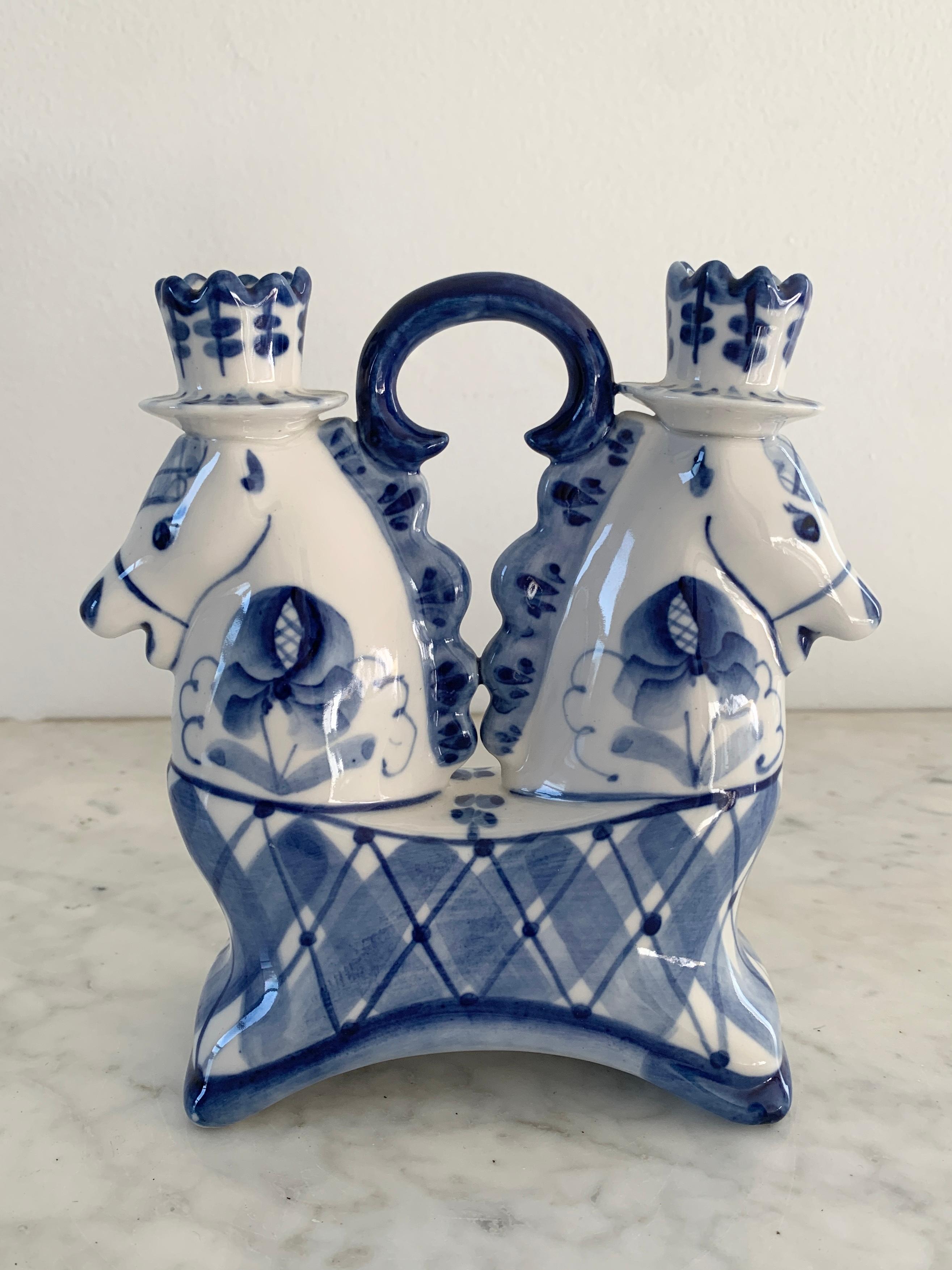 European Russian Blue and White Porcelain Double Horse Candle Holder For Sale