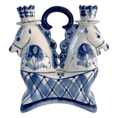 Russian Blue and White Porcelain Double Horse Candle Holder