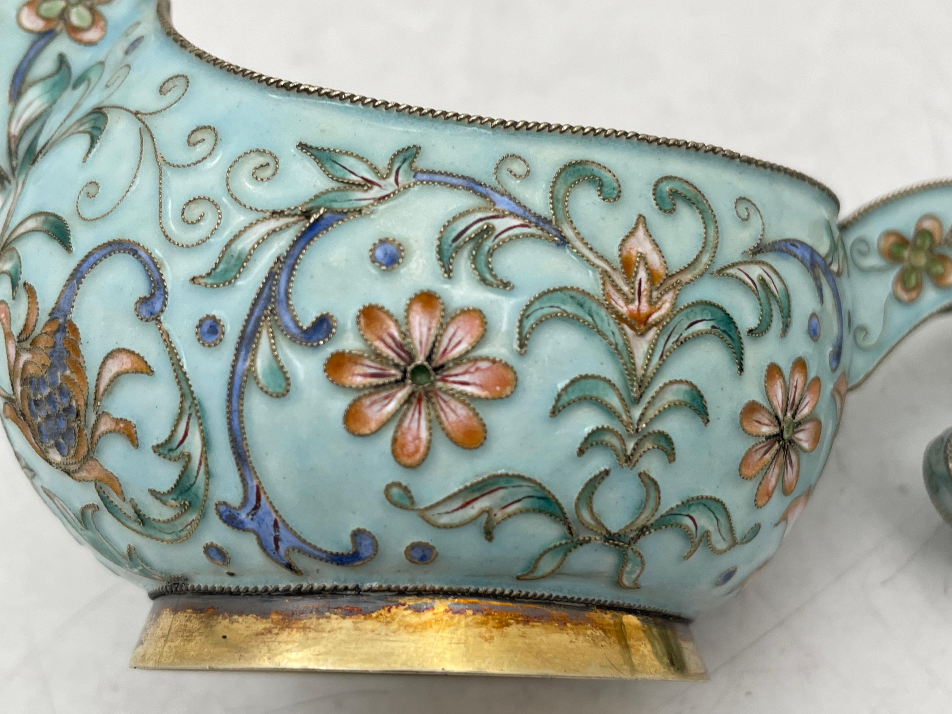Russian Blue Cloisonne Enamel Silver Kovsh in Faberge Style In Good Condition For Sale In New York, NY