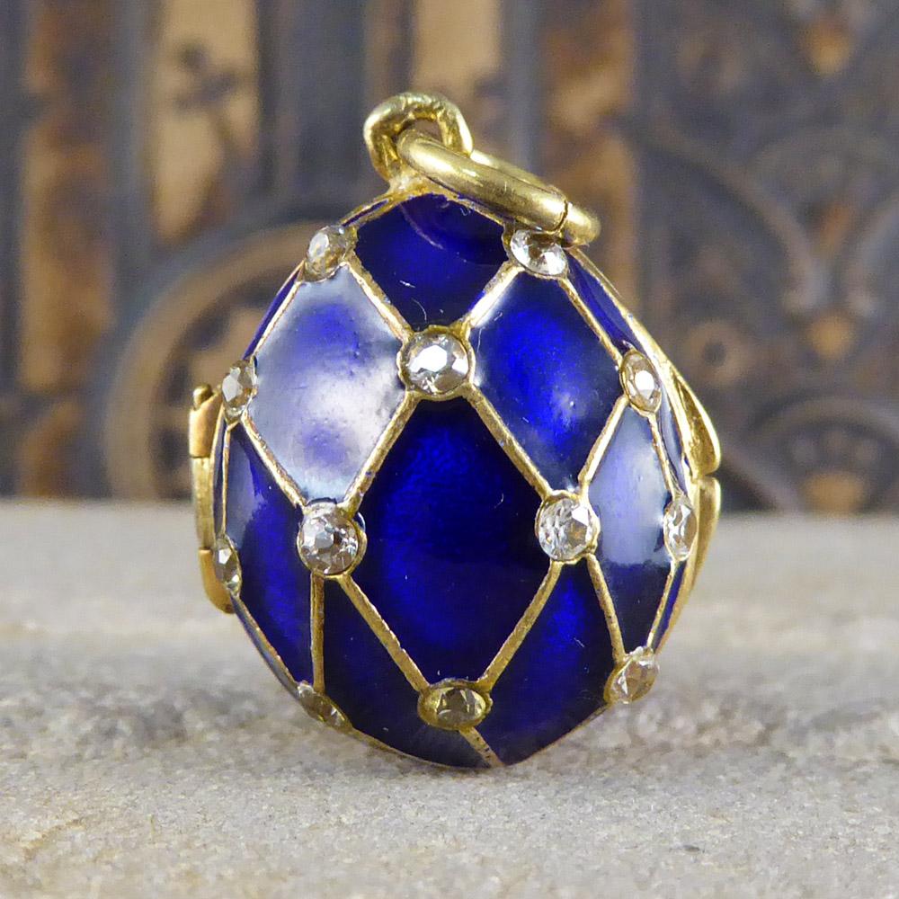 Russian Blue Enamel Silver Gilt Egg Pendant Locket Charm 1