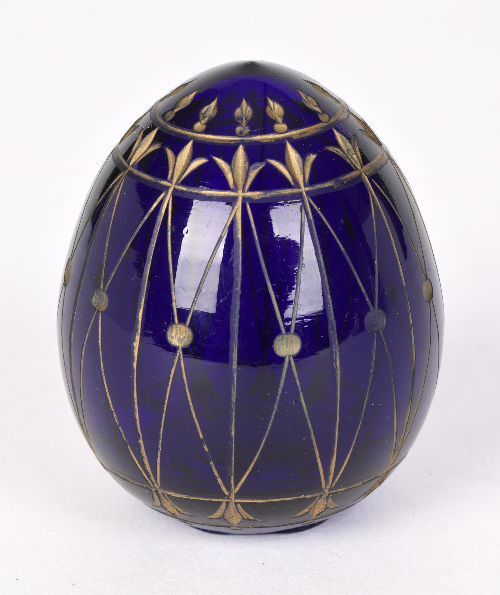 Russian Blue Glass Egg with Engraved Designs Faberge Label 4