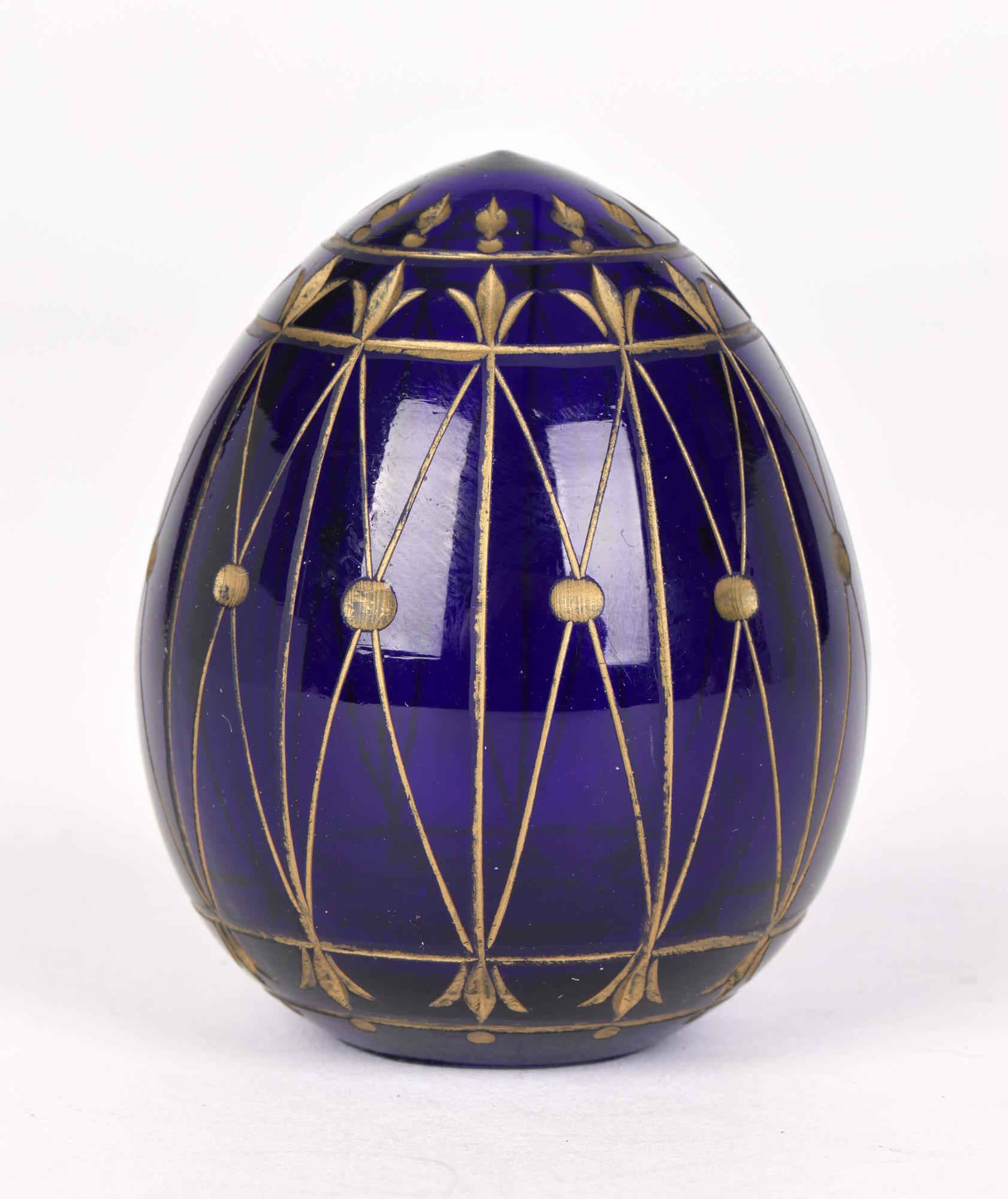 Russian Blue Glass Egg with Engraved Designs Faberge Label 6