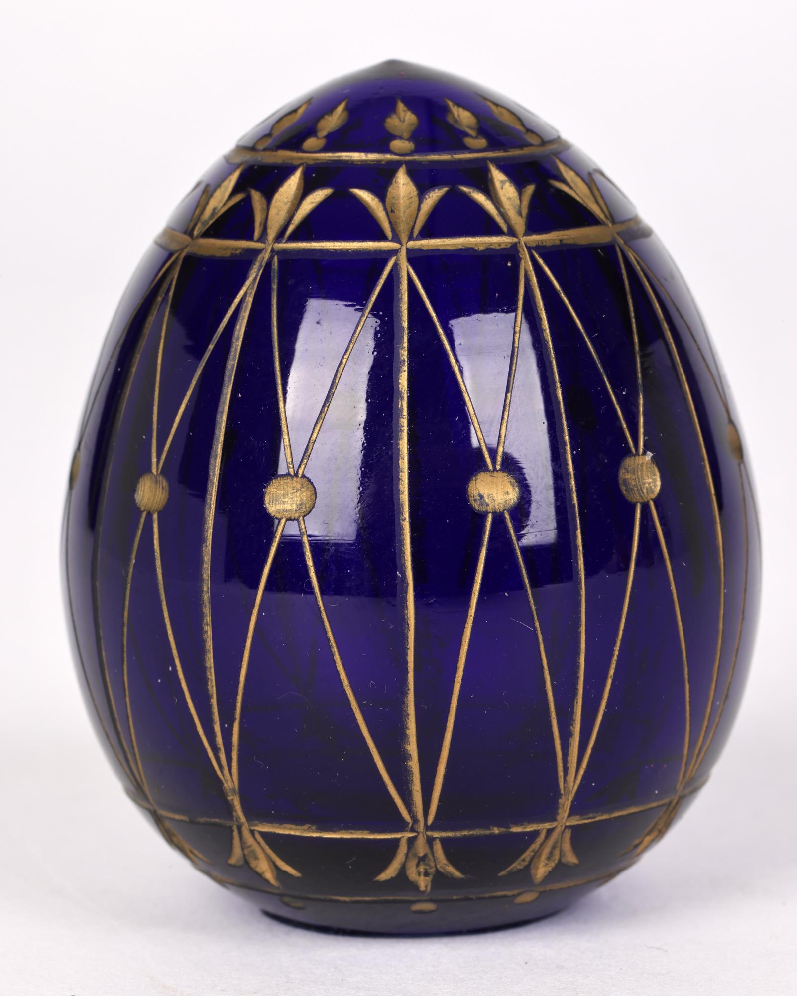 Russian Blue Glass Egg with Engraved Designs Faberge Label In Good Condition In Bishop's Stortford, Hertfordshire