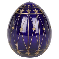 Russian Blue Glass Egg with Engraved Designs Faberge Label