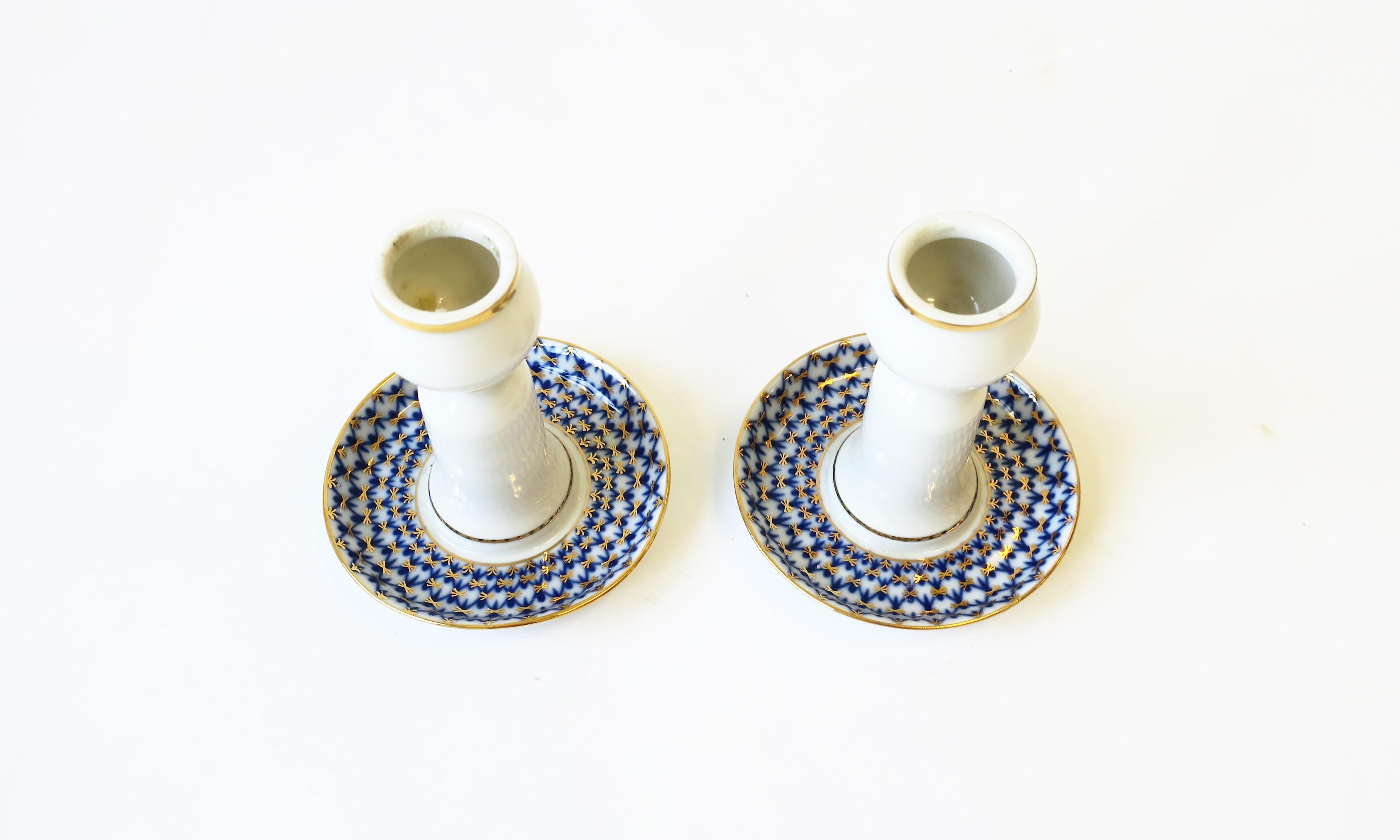 Glazed Russian Lomonosov Blue Gold White Porcelain Candlesticks Holders, Pair For Sale