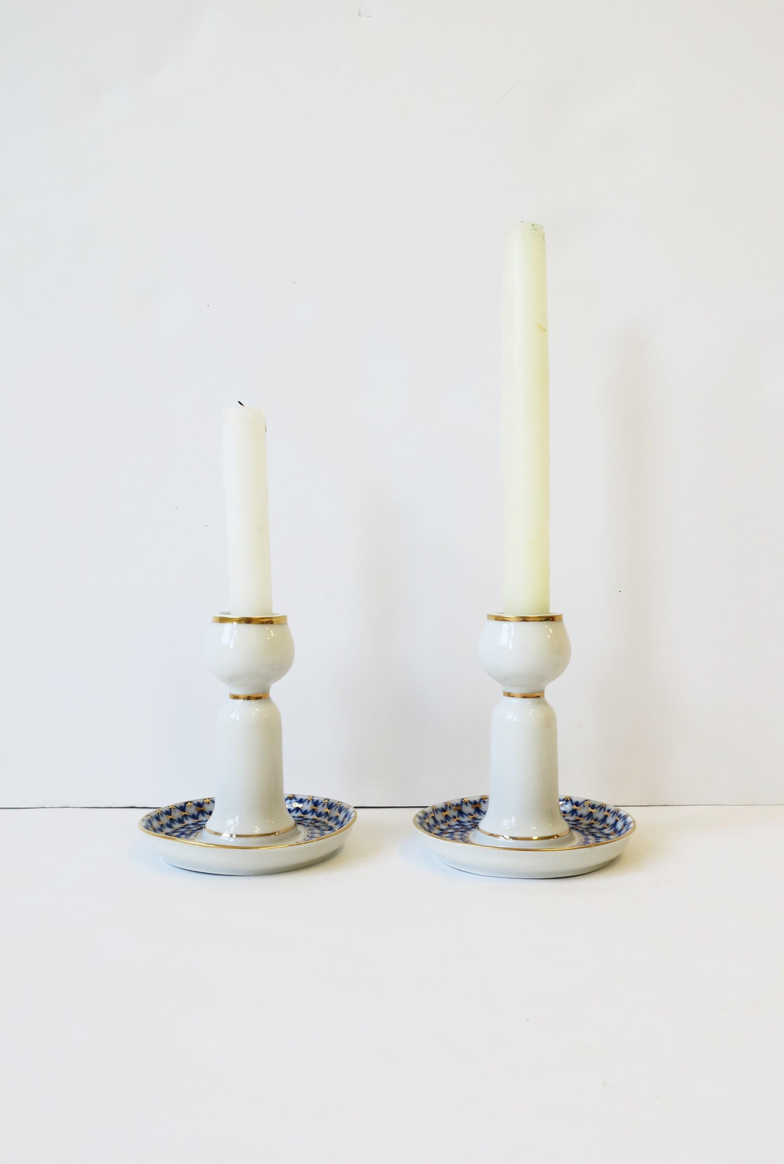 20th Century Russian Lomonosov Blue Gold White Porcelain Candlesticks Holders, Pair For Sale