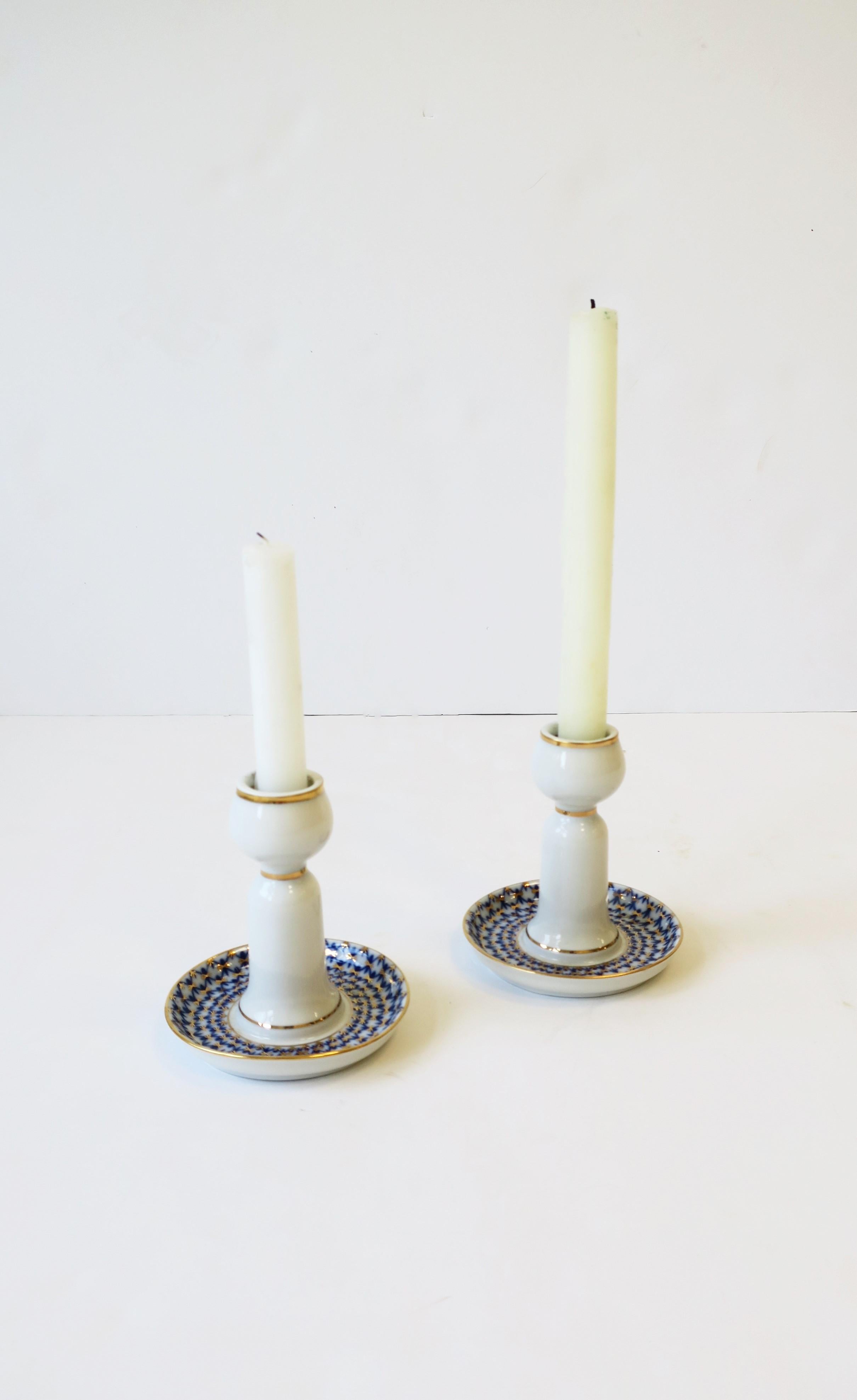 Russian Lomonosov Blue Gold White Porcelain Candlesticks Holders, Pair For Sale 1