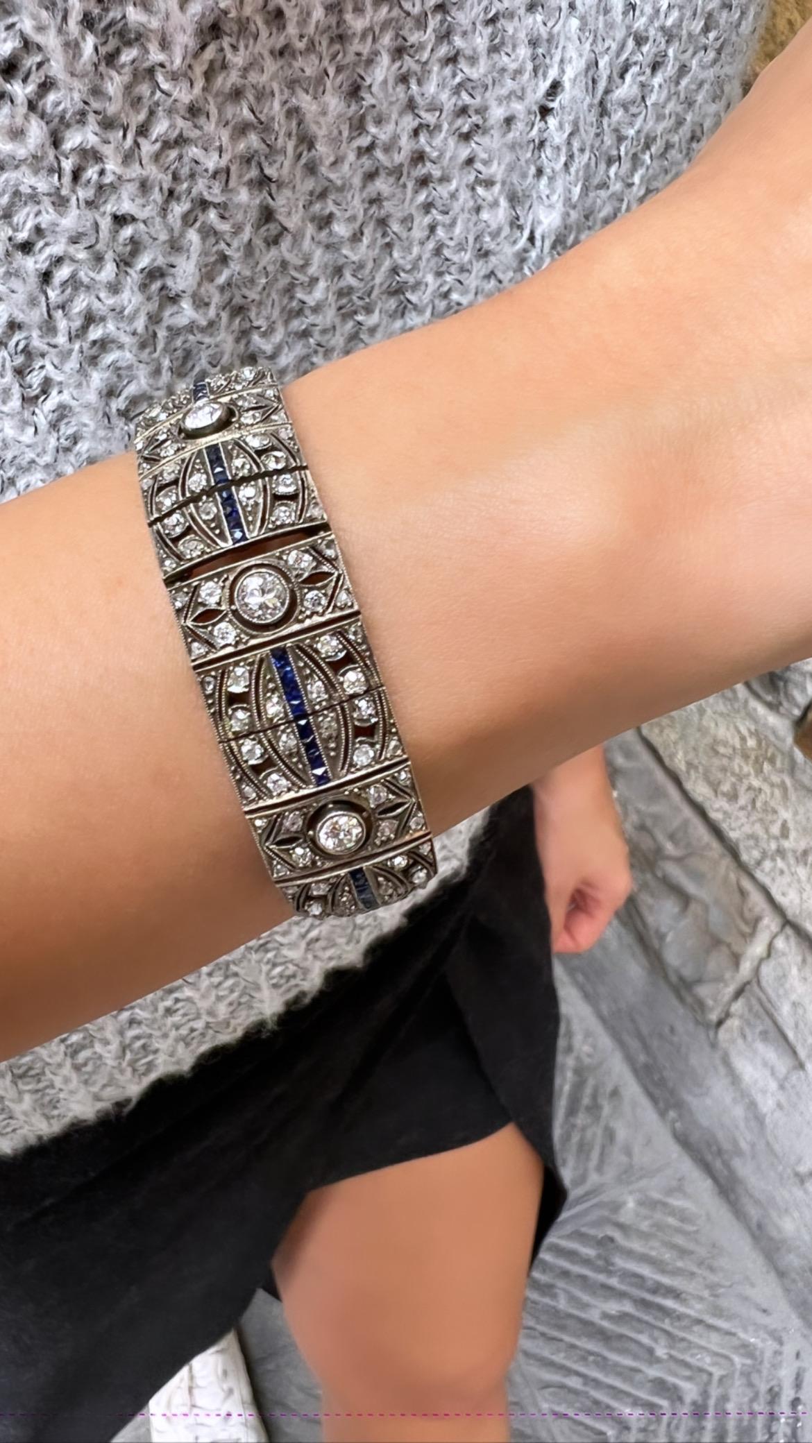 A stunning handmade Russian bracelet in 18k gold ,it is set in rose cut diamond ,approximately 3.20 carats , 0f four big rose cut diamond in total weight of .80 and approximately 2.20 carats smaller rose cut diamond ,and blue sapphire .