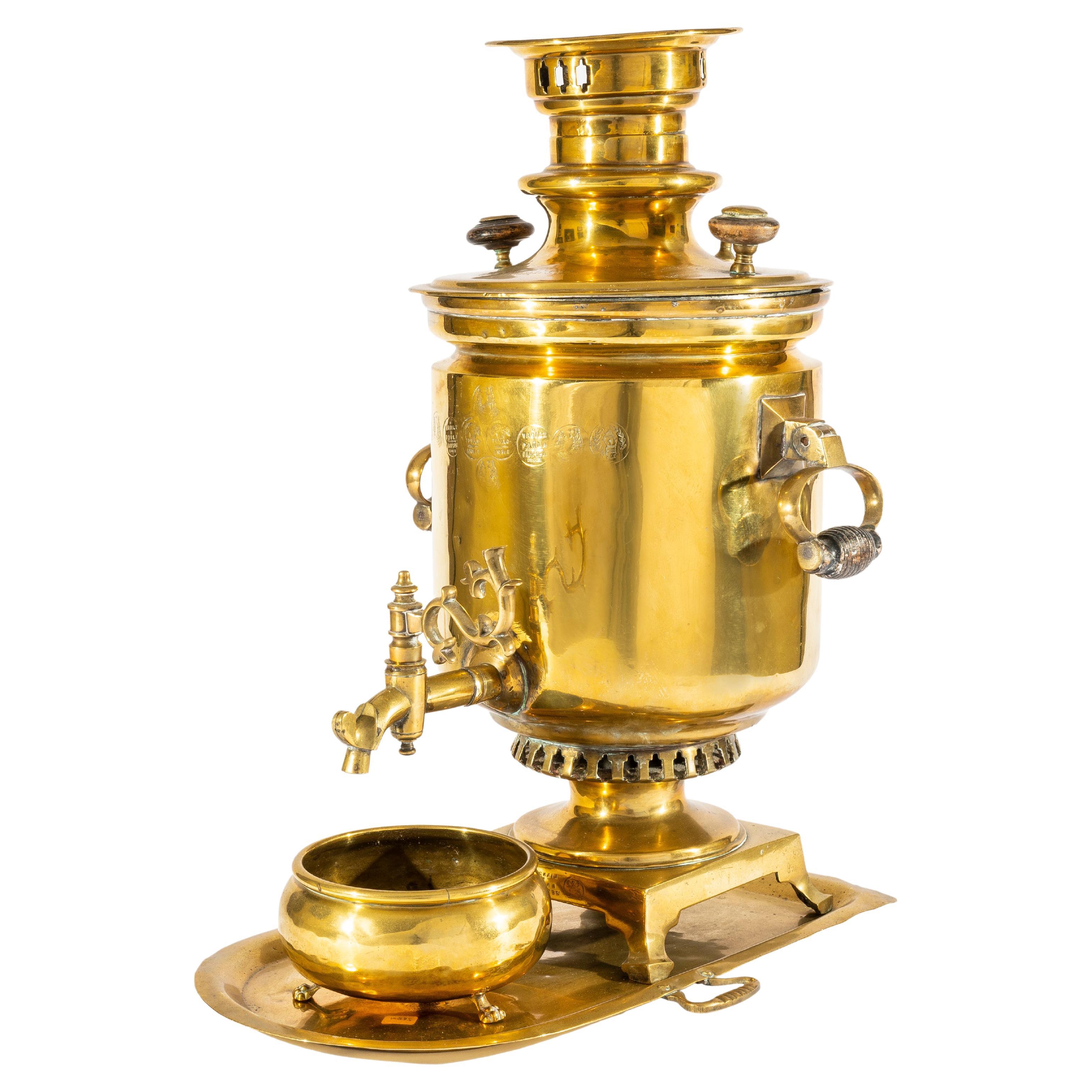 Russian Brass Samovar Set by T. L. Batashev, Tula Russia, circa 1900 For Sale