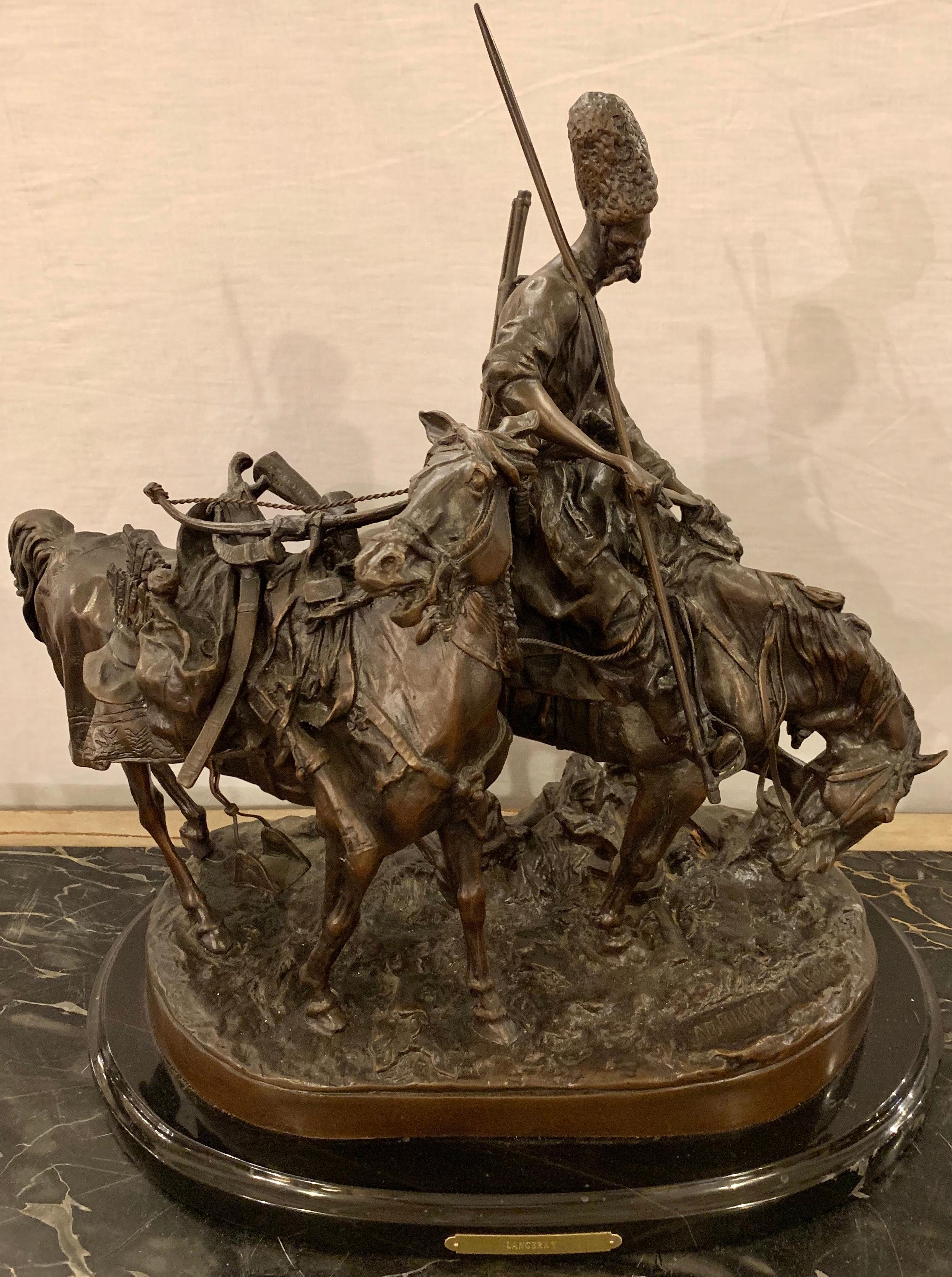 After Eugene Alexandrovich Lanceray (Russian, 1875-1946), Zaporozhsky Kazak on Horseback After a Battle with a Turkish Trophy Horse, patinated bronze sculpture, bears signature (in Cyrillic) lower right, overall (with marble base): 18.5