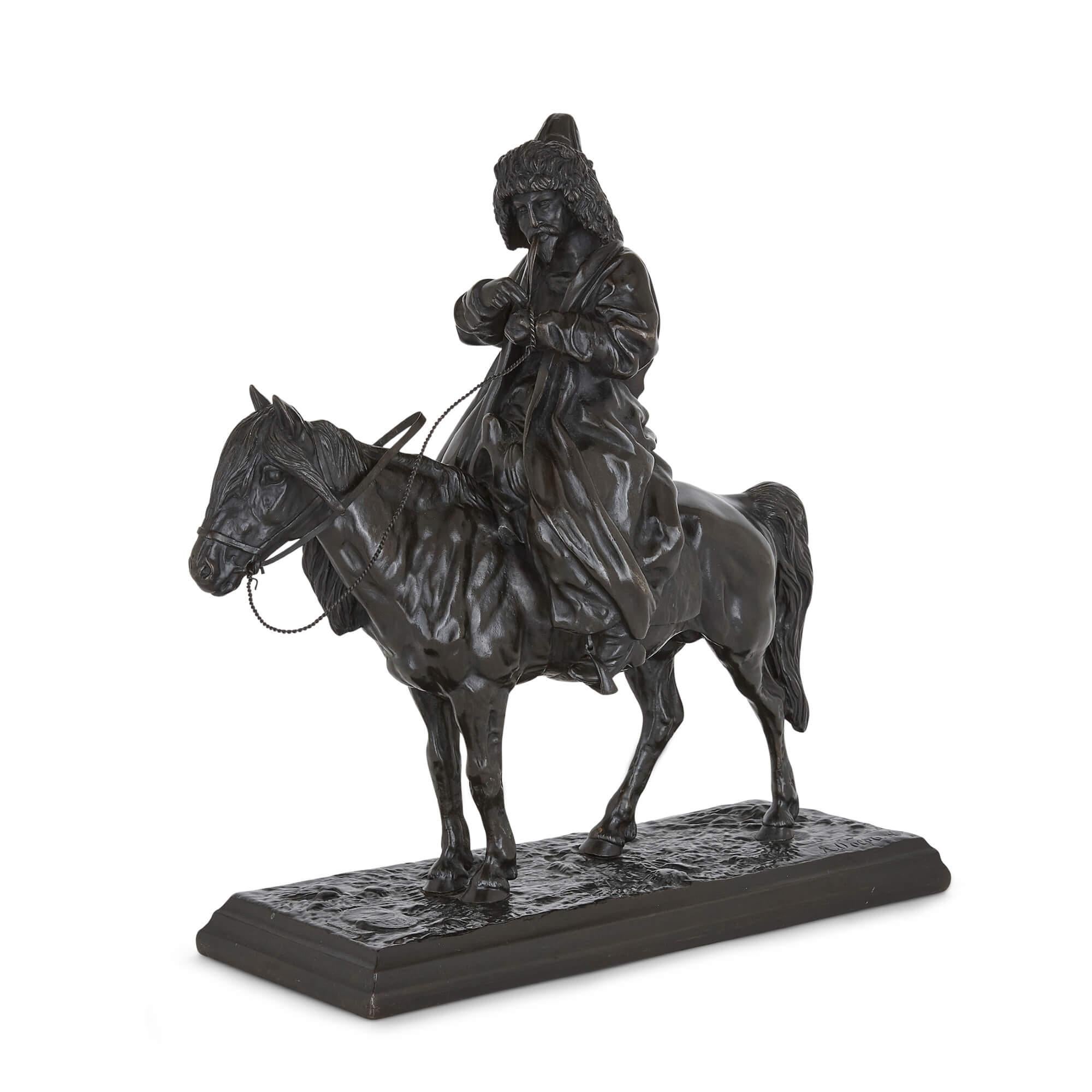 Russian cast iron equestrian sculpture of a Cossack soldier
Russian, 1872
Height 38cm, width 37cm, depth 14cm

This fine Russian equestrian cast iron sculpture depicts a Cossack soldier on horseback. The soldier, garbed in a heavy overcoat, holds