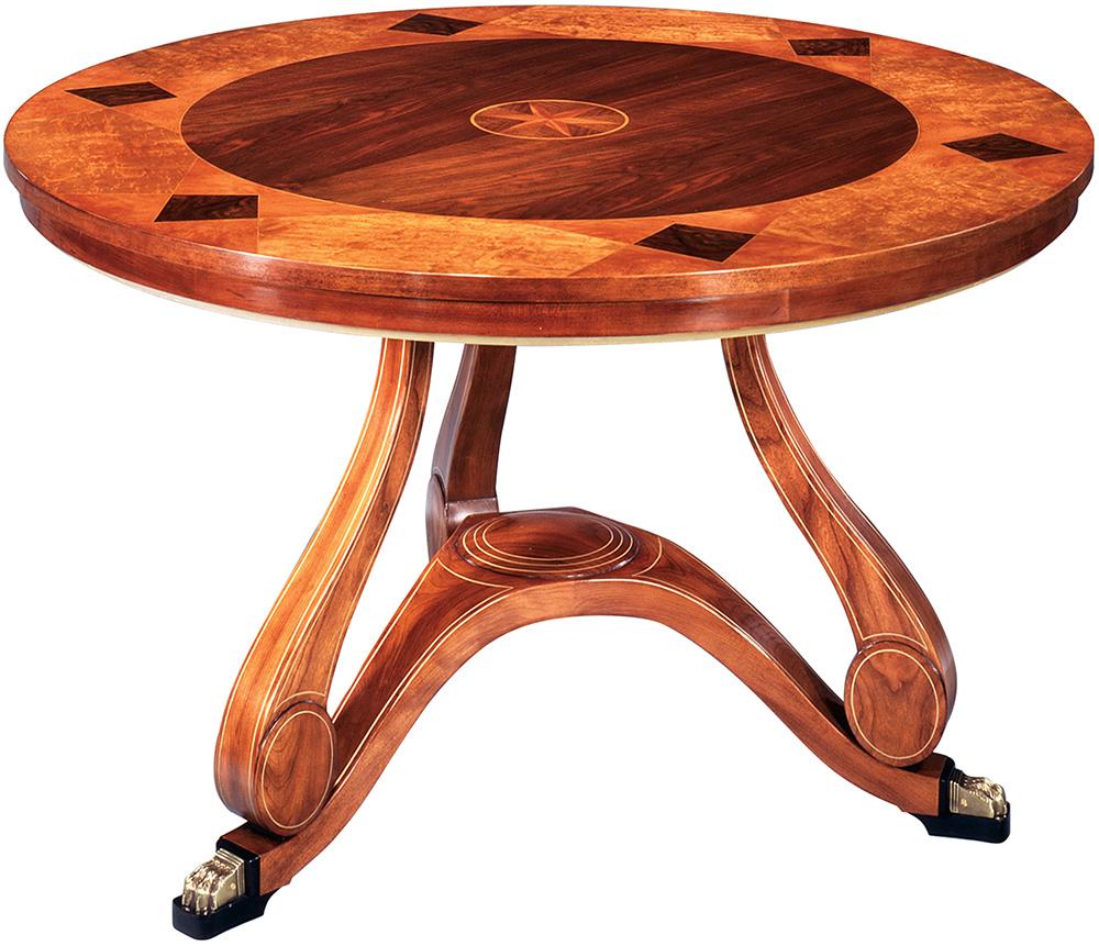Chad Womack design director for John Widdicomb sculptural 19th century Russian center table featuring a beautiful marquetry inlaid top of fine, exotic veneers; satinwood star in center framed by a field of exquisite walnut surrounded by a border of
