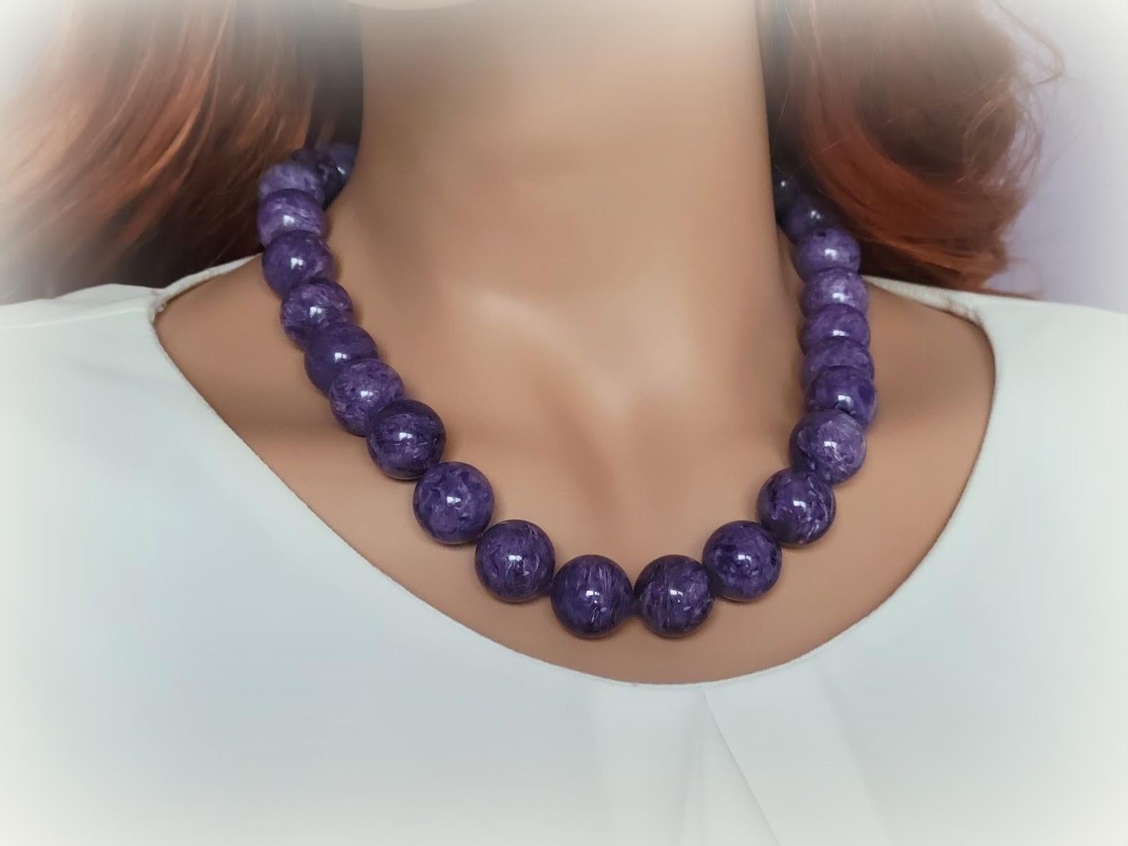 Bead Chatoyant Charoite Necklace with Sterling Silver Charoite Clasp For Sale