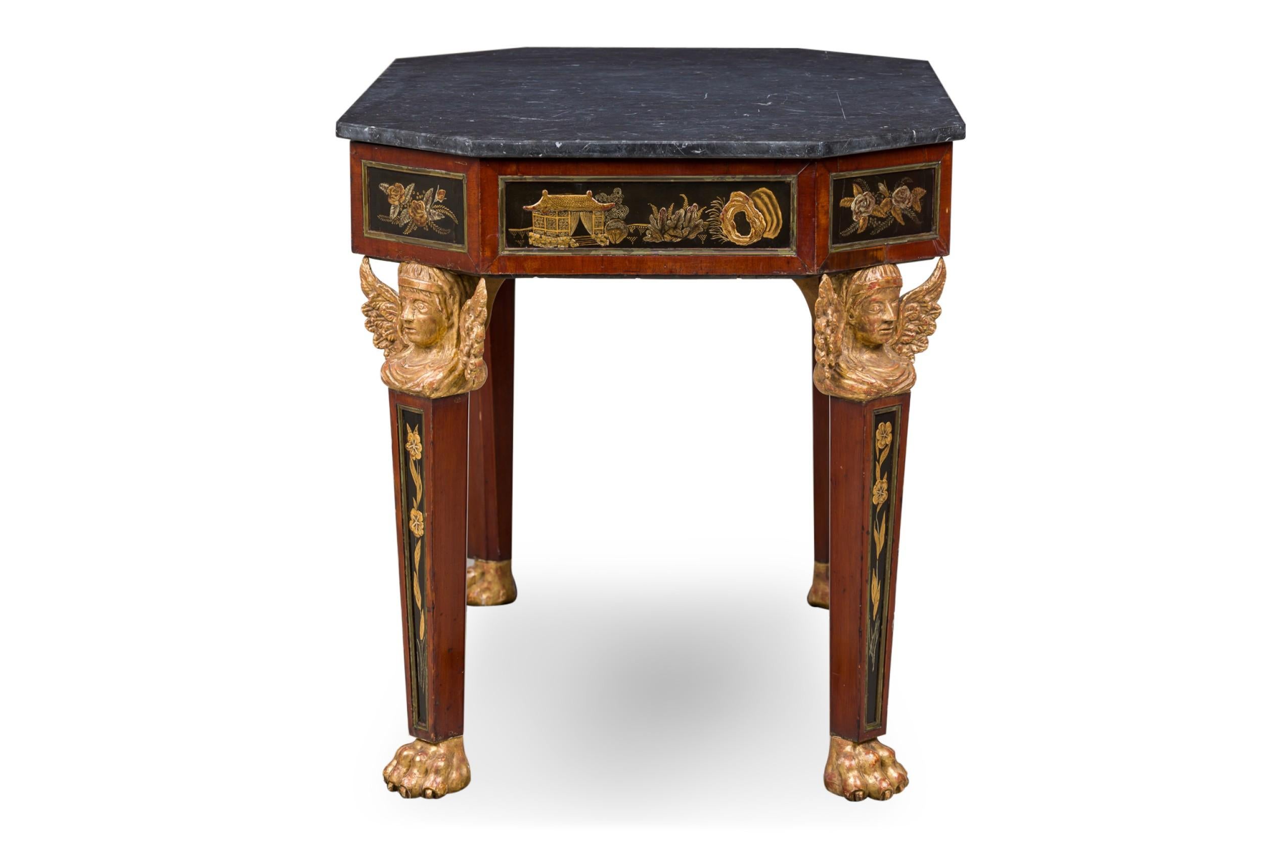 European Russian Chinoiserie Parcel Gilt Mahogany & Gray Marble Octagonal Center Table For Sale