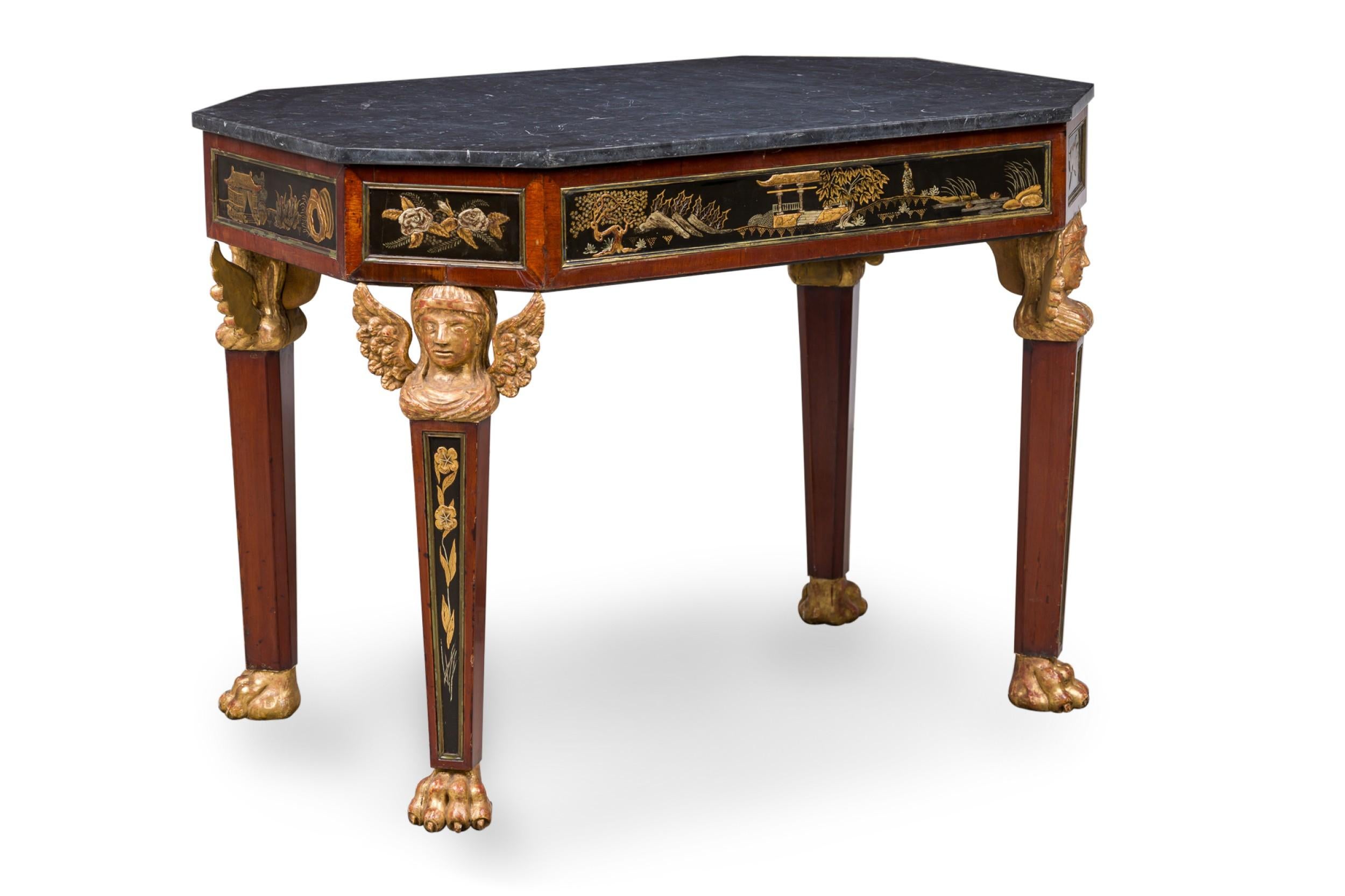 Carved Russian Chinoiserie Parcel Gilt Mahogany & Gray Marble Octagonal Center Table For Sale
