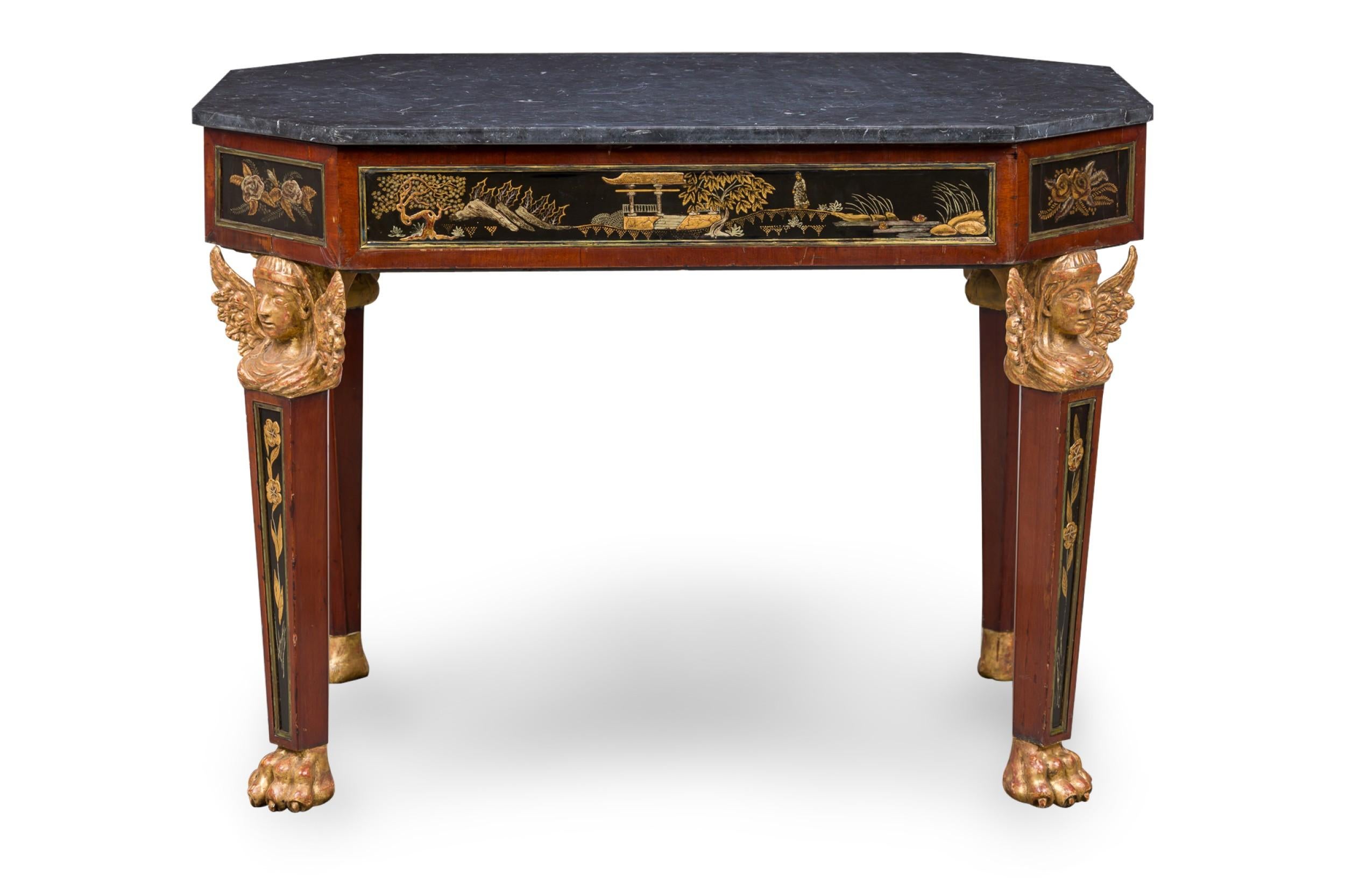 Russian Chinoiserie Parcel Gilt Mahogany & Gray Marble Octagonal Center Table In Good Condition For Sale In New York, NY
