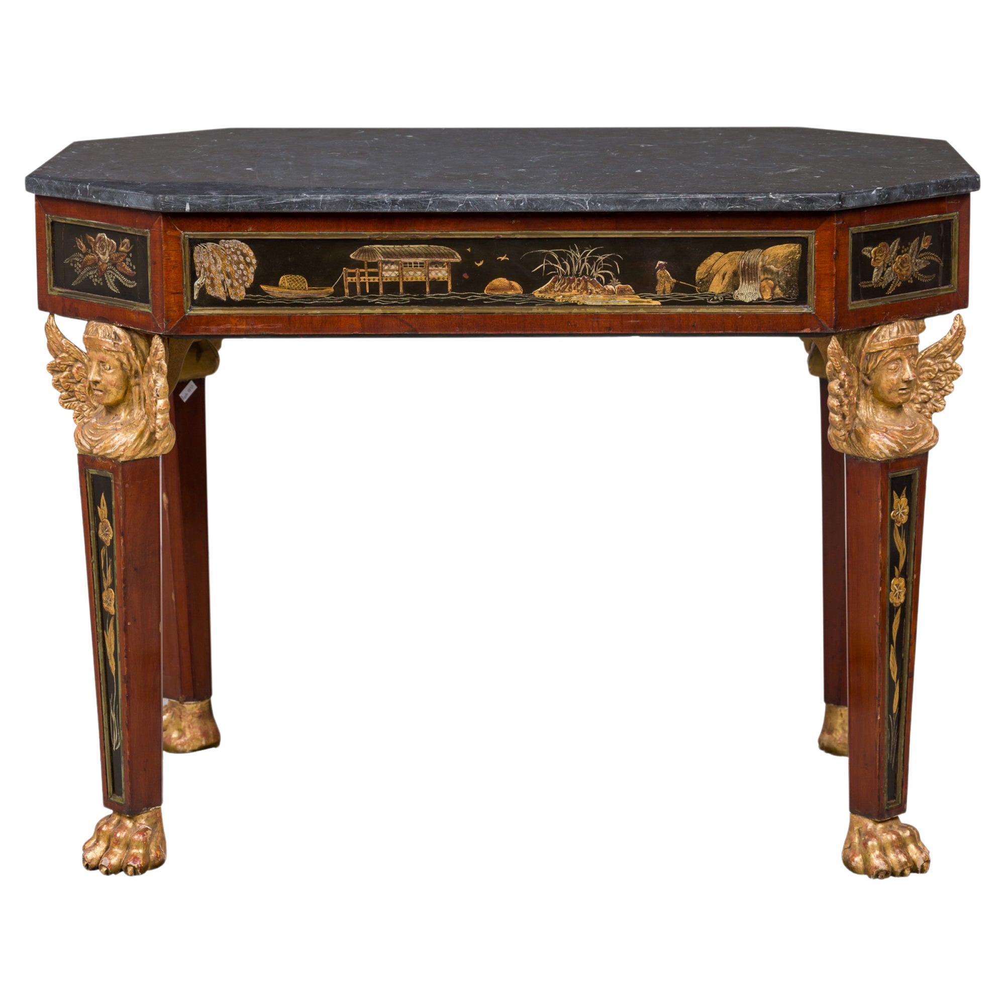 Russian Chinoiserie Parcel Gilt Mahogany & Gray Marble Octagonal Center Table