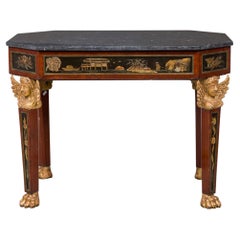Table centrale octogonale russe de style chinoiserie en acajou doré et marbre gris