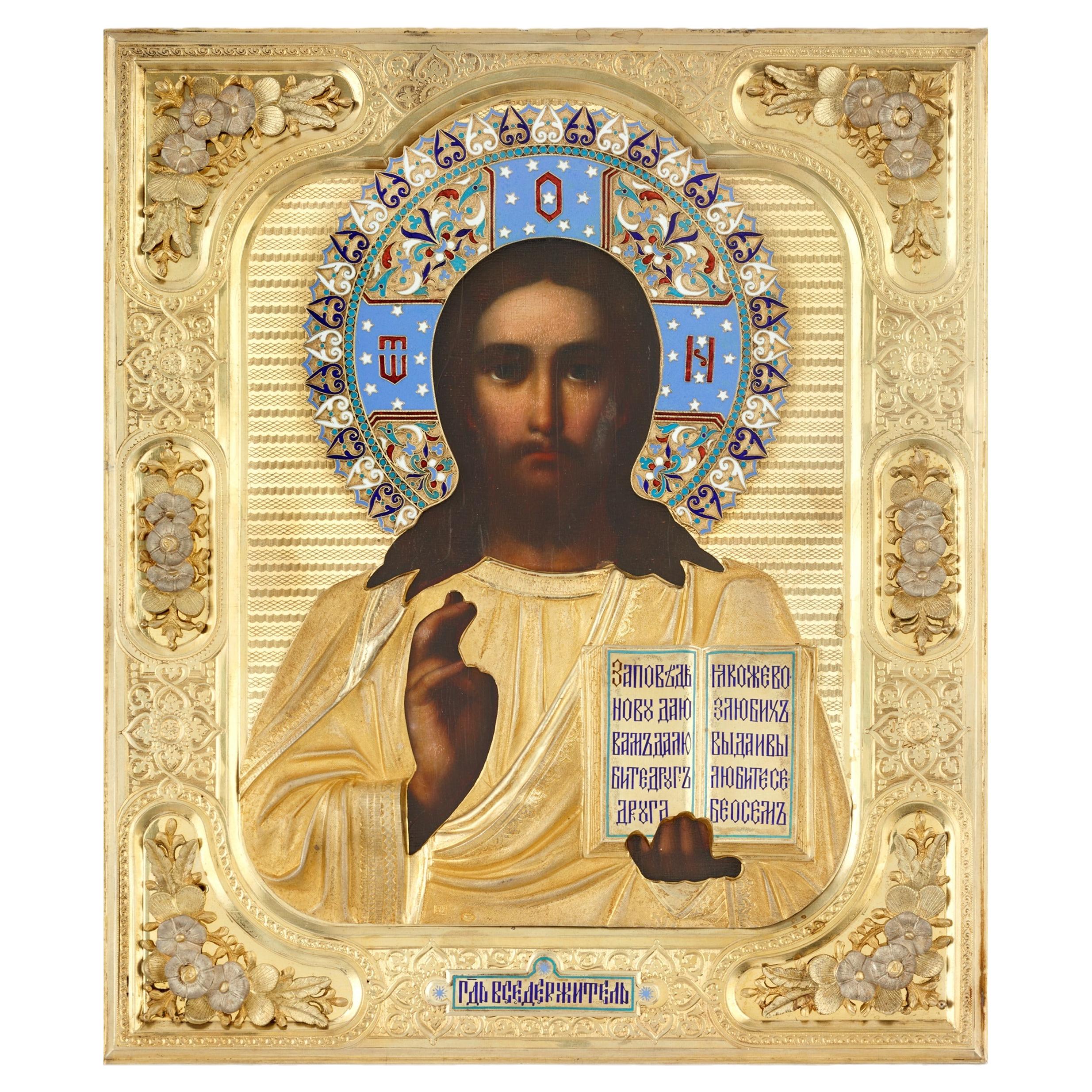 Russian Christ Pantocrator Icon with Enameled Silver Oklad