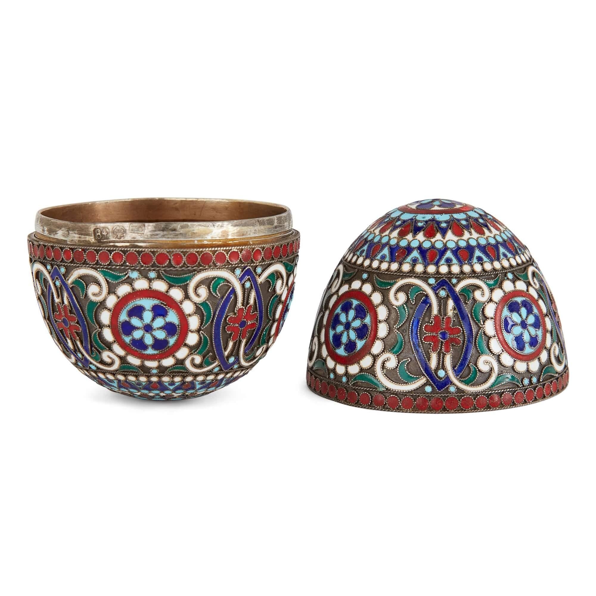 Cloissoné Russian Cloisonné Enamel and Silver Gilt Egg For Sale