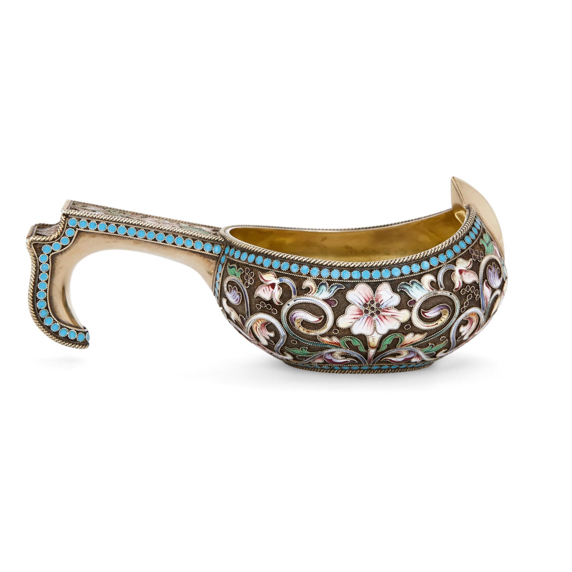 Known as a ‘kovsh’ (or kovsch), this item was designed to function as a small drinking vessel. Kovshes have been created in Russia for centuries, often from precious materials, such as silver, gold, gemstones and jewels. Particularly exquisite