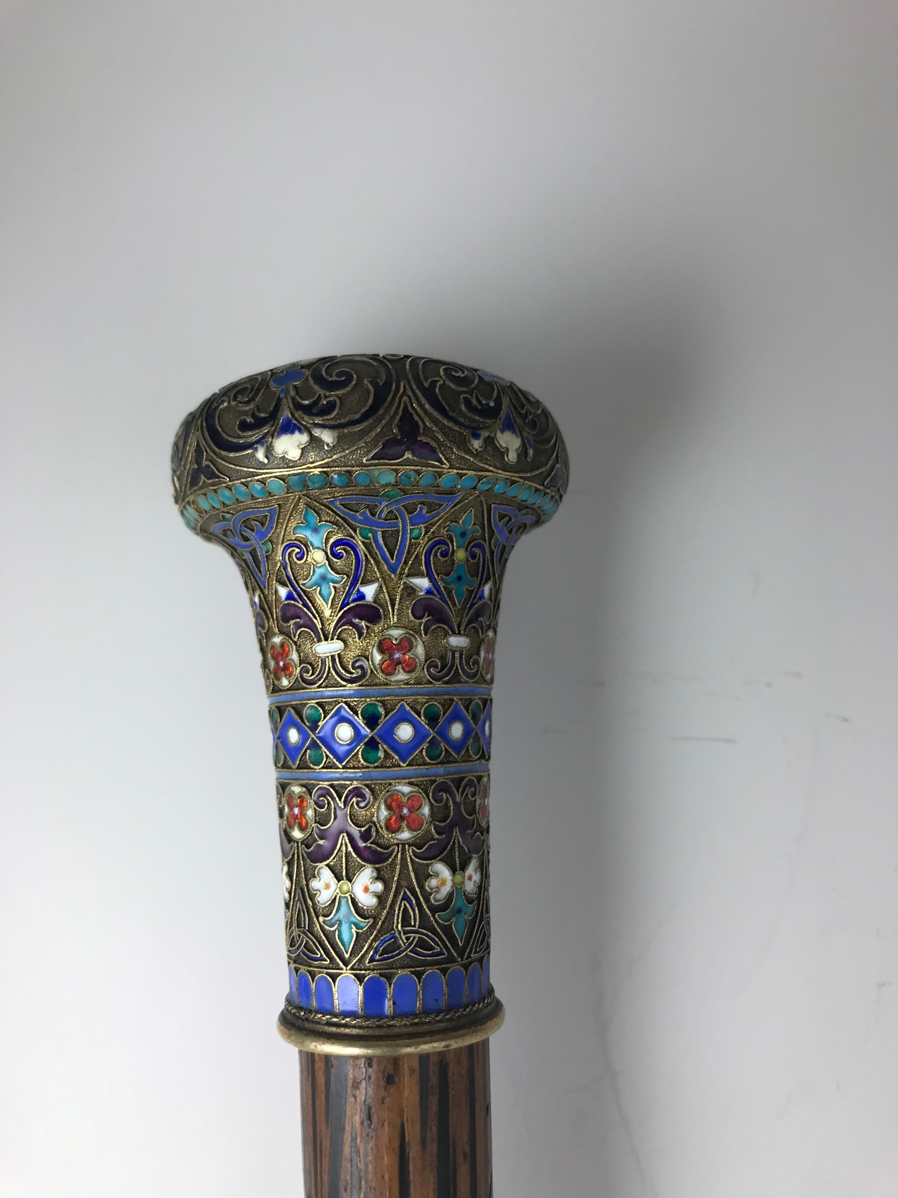 Russian Empire Russian Cloisonné Enameled Walking Stick Handle, Late 19th Century